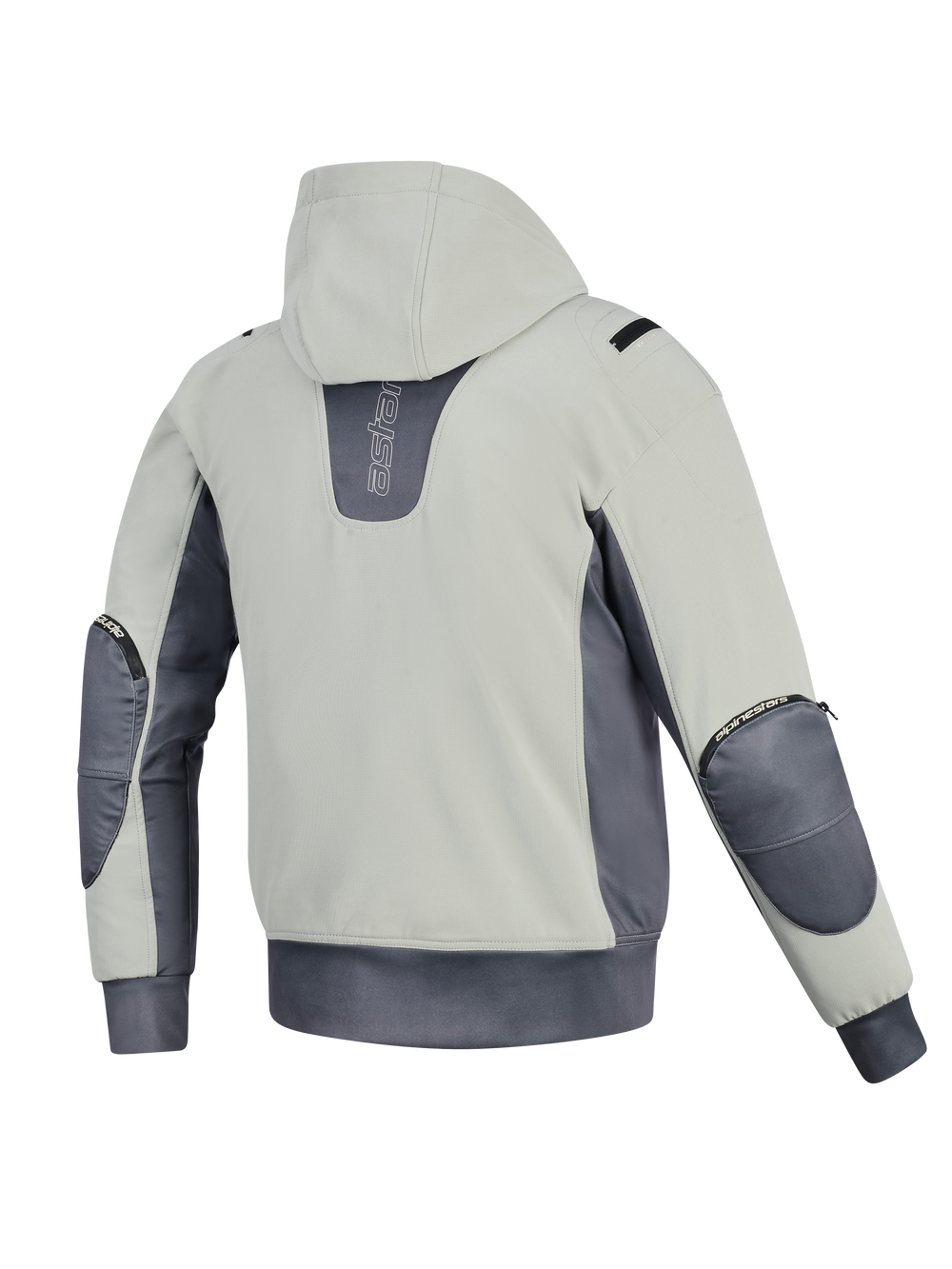 Alpinestars Moblast Waterproof Jacket, back view, Iron Gray and Dark Sage, motorcycle hoodie with light sage body and dark gray accents, vertical branding on the back, visible elbow protector zippers, and elasticated waistband