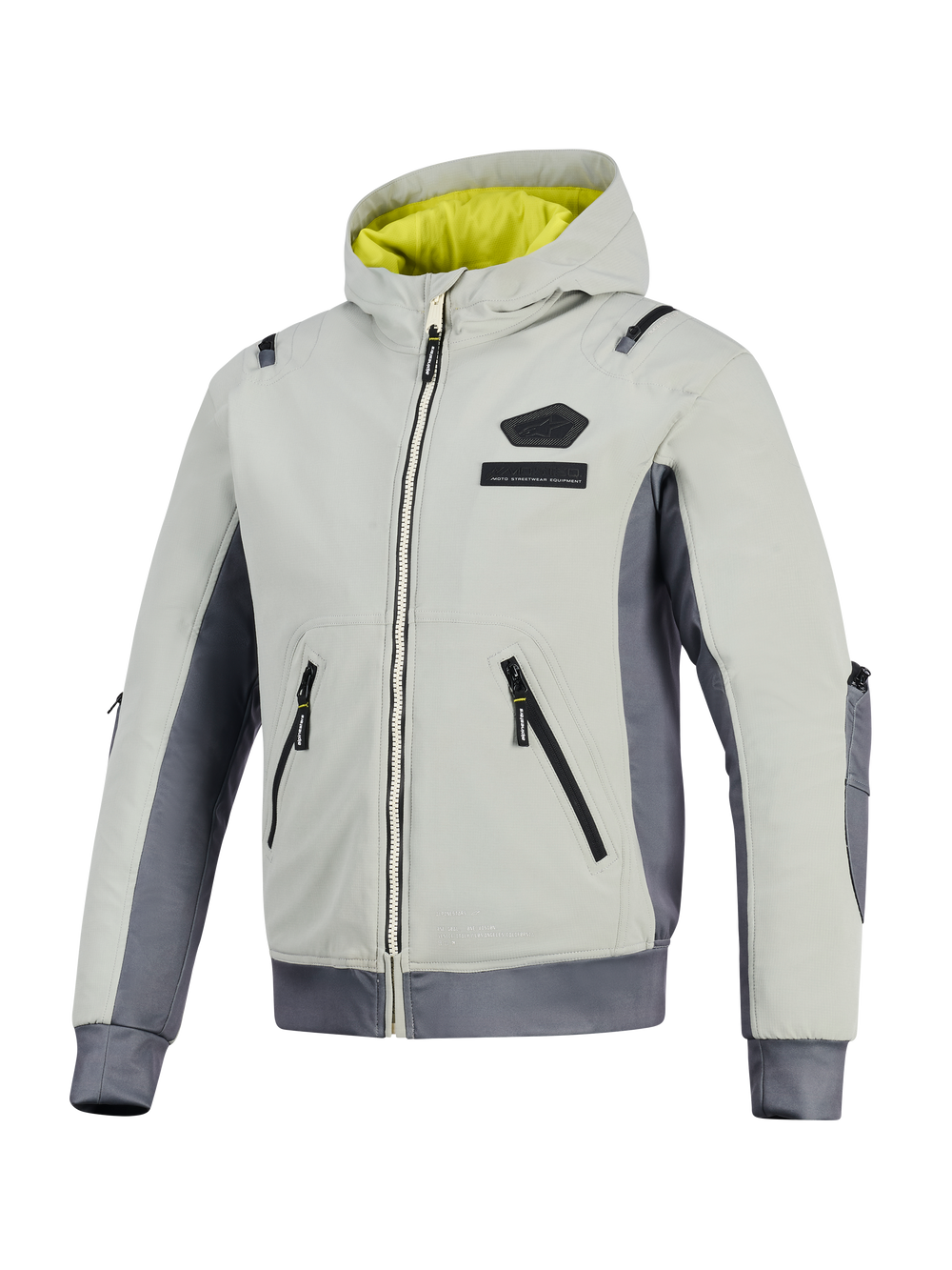 Alpinestars Moblast Waterproof Jacket, Iron Gray and Dark Sage, hooded motorcycle jacket with bright yellow lining, light gray textile body with dark gray side panels, featuring waterproof zippers and chest logo branding