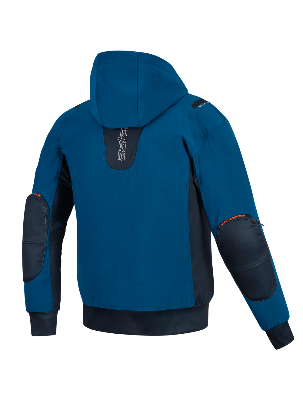 Alpinestars Moblast Waterproof Jacket, Dark Petrol and Dark Navy blue, back view of hooded motorcycle jacket, featuring softshell construction, dark navy side panels, and reinforced elbow protectors with orange logo details.