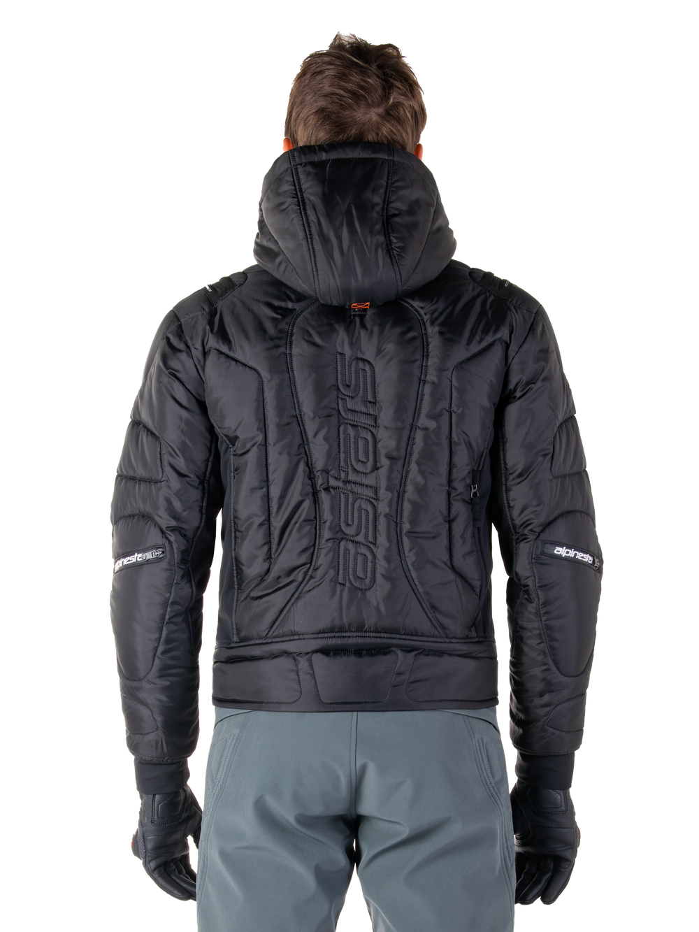 Alpinestars Mohobbs Waterproof Jacket, Black, rear view showing quilted padded construction, vertical 'astars' wordmark on the back, hood up, contemporary moto streetwear style