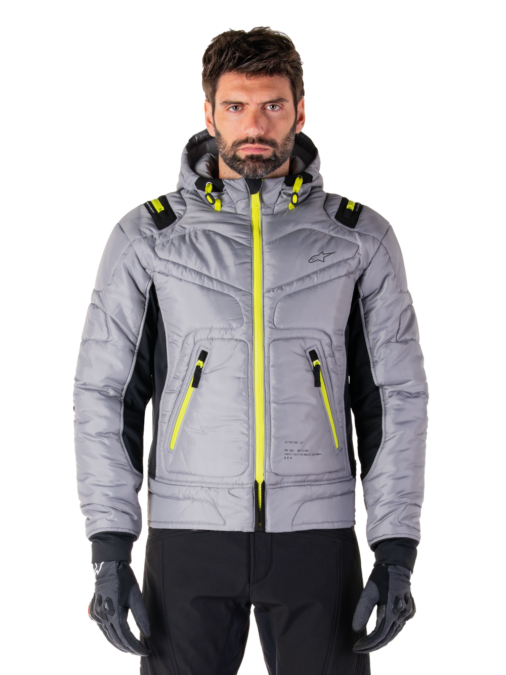Alpinestars Mohobbs Waterproof Jacket, Urban Motorcycle Jacket, Lunar Gray with Lime Punch accents, quilted bomber design with hood, bright yellow zippers and black side panels, streetwear-inspired protective riding gear
