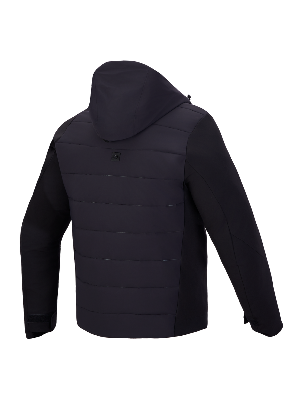 Alpinestars Therma-Tech Waterproof Jacket, Men's Black motorcycle jacket, rear view showing sonic-welded down construction and integrated hood system