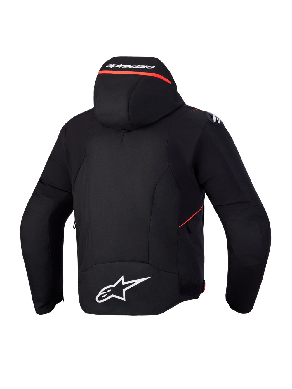 Alpinestars Zaca V2 Waterproof Jacket, Men's Black and Red motorcycle sports jacket, rear view showing integrated hood with white logo, elongated back with white Astar logo, and stretch softshell construction