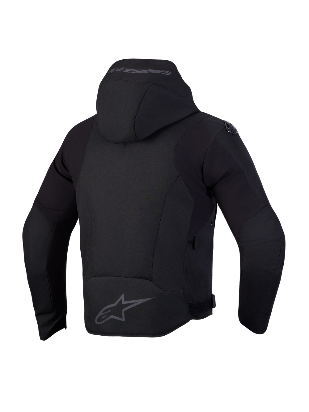 Alpinestars Zaca V2 Waterproof Jacket, Men's Black motorcycle textile jacket, back view showing integrated hood and rear logo detail