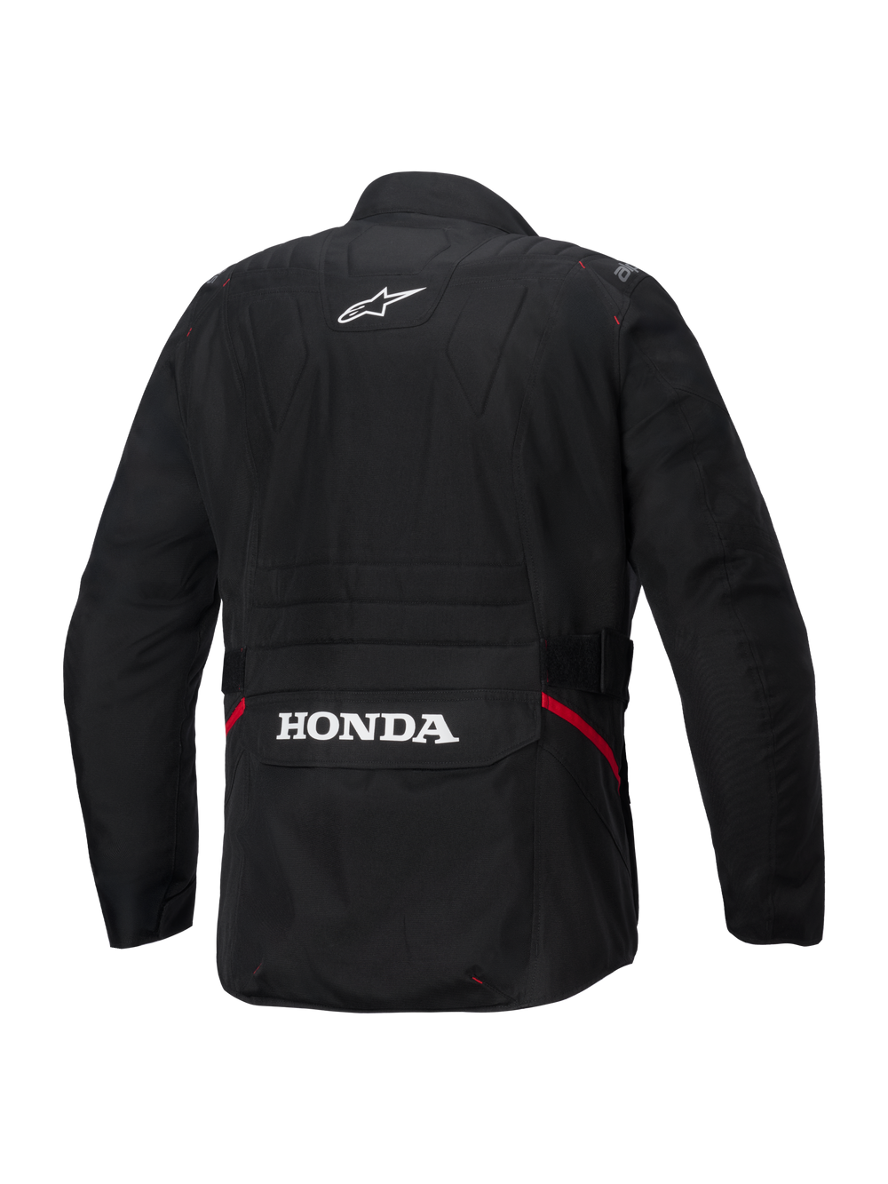 Alpinestars Honda ST-1 Waterproof Jacket, Back View, Black Textile, featuring white Alpinestars star logo on the upper back and Honda branding on the rear cargo pocket, red accents on the sides, durable touring motorcycle jacket