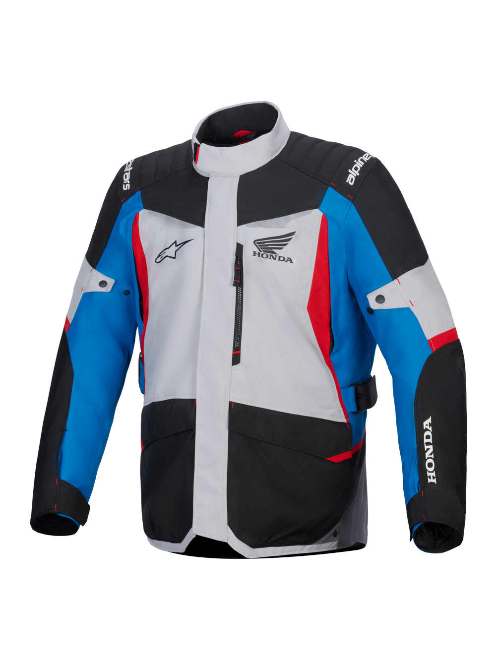 Alpinestars Honda ST-1 Waterproof Jacket, Motorcycle Touring Jacket, Ice Gray Black and Blue with Red accents, featuring Honda and Alpinestars logos, front view with zippered chest pocket and cargo pockets, weather-resistant adventure touring design