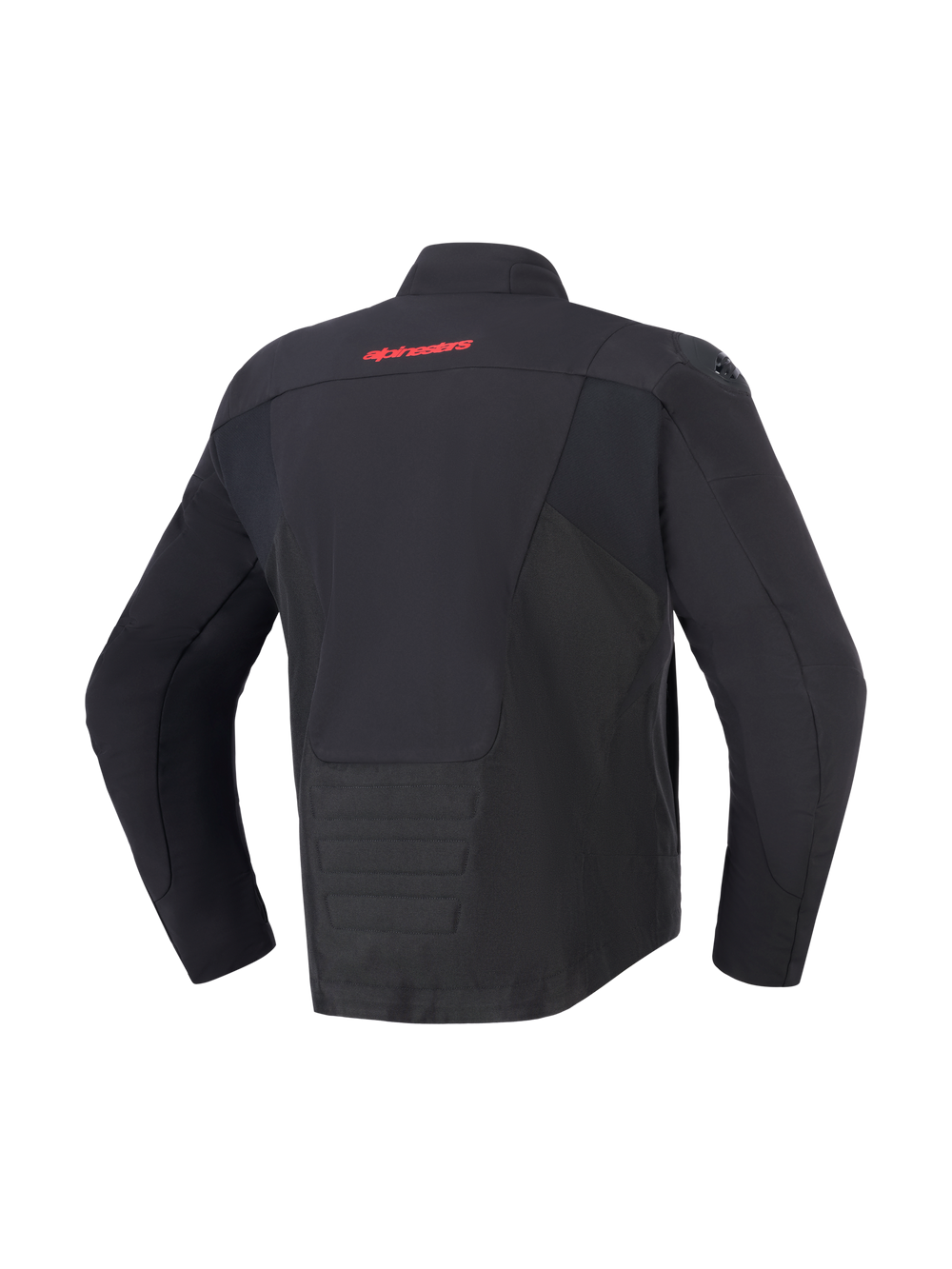 Alpinestars SMX Waterproof Jacket, Black, back view featuring red Alpinestars logo on upper back, elongated rear hem for coverage, textile and softshell paneling, protective motorcycle gear for road and sport riding.