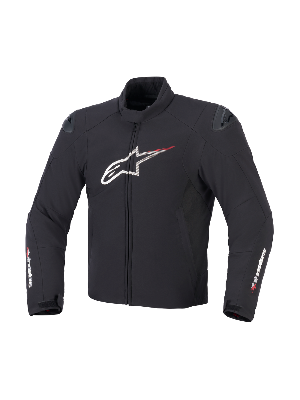 Alpinestars SMX Waterproof Jacket in Black White and Bright Red, front view showing textile construction, large white Astar chest logo with red speed lines, external DFS lite shoulder sliders, and Alpinestars branding on the sleeves.