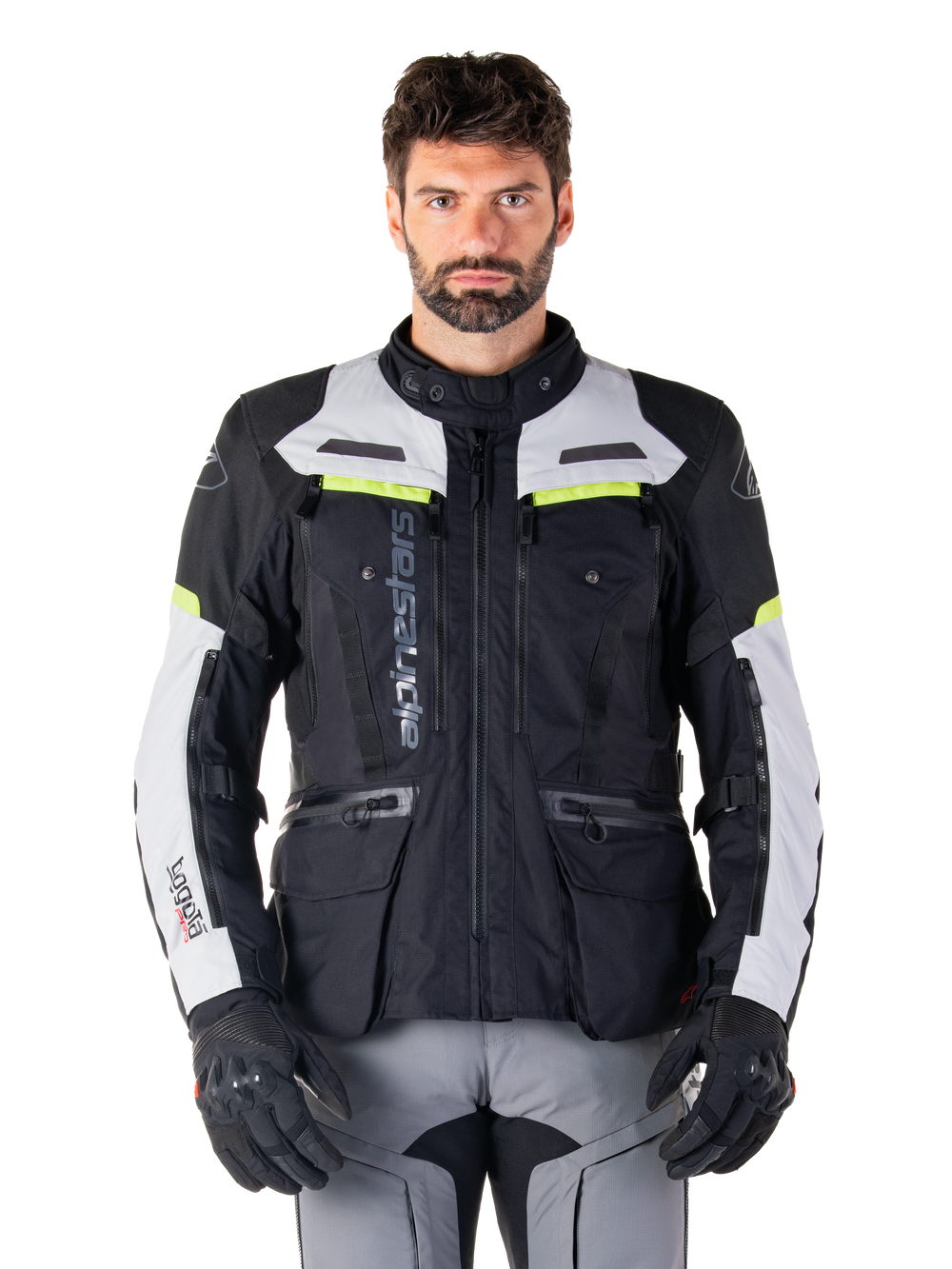 Alpinestars Bogotá Pro Drystar® Jacket, men's adventure touring jacket in black and gray with yellow fluo accents.