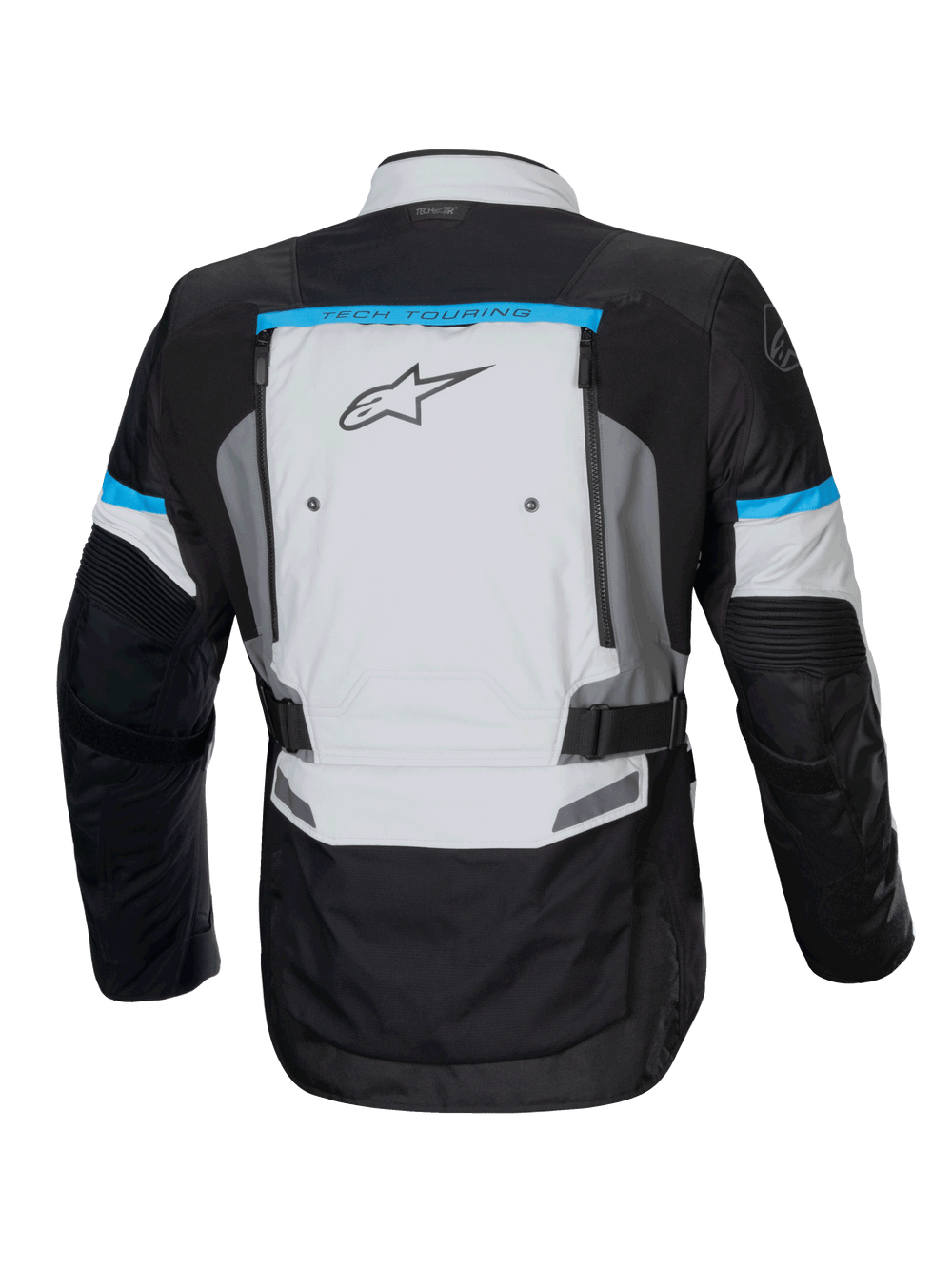Alpinestars Bogotá Pro Drystar Jacket, adventure motorcycle jacket in ice gray and black with cyan accents and back vents.