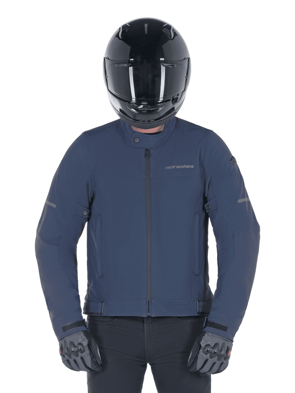 Alpinestars Husker Waterproof Jacket, Night Navy, urban motorcycle jacket worn with a black full-face helmet and grey gloves, featuring a technical softshell exterior and subtle branding