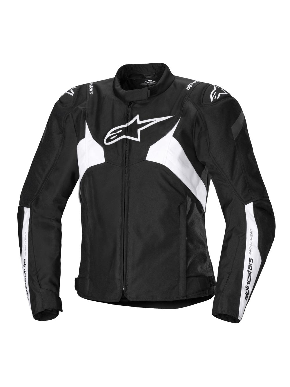 Alpinestars Stella T-Jaws V4 Waterproof Jacket, Women's Sport Motorcycle Jacket, Black and White, featuring a prominent white star logo on the chest, angular white panels on the torso and sleeves, and GP Lite shoulder reinforcements in a fitted 3D sport silhouette.