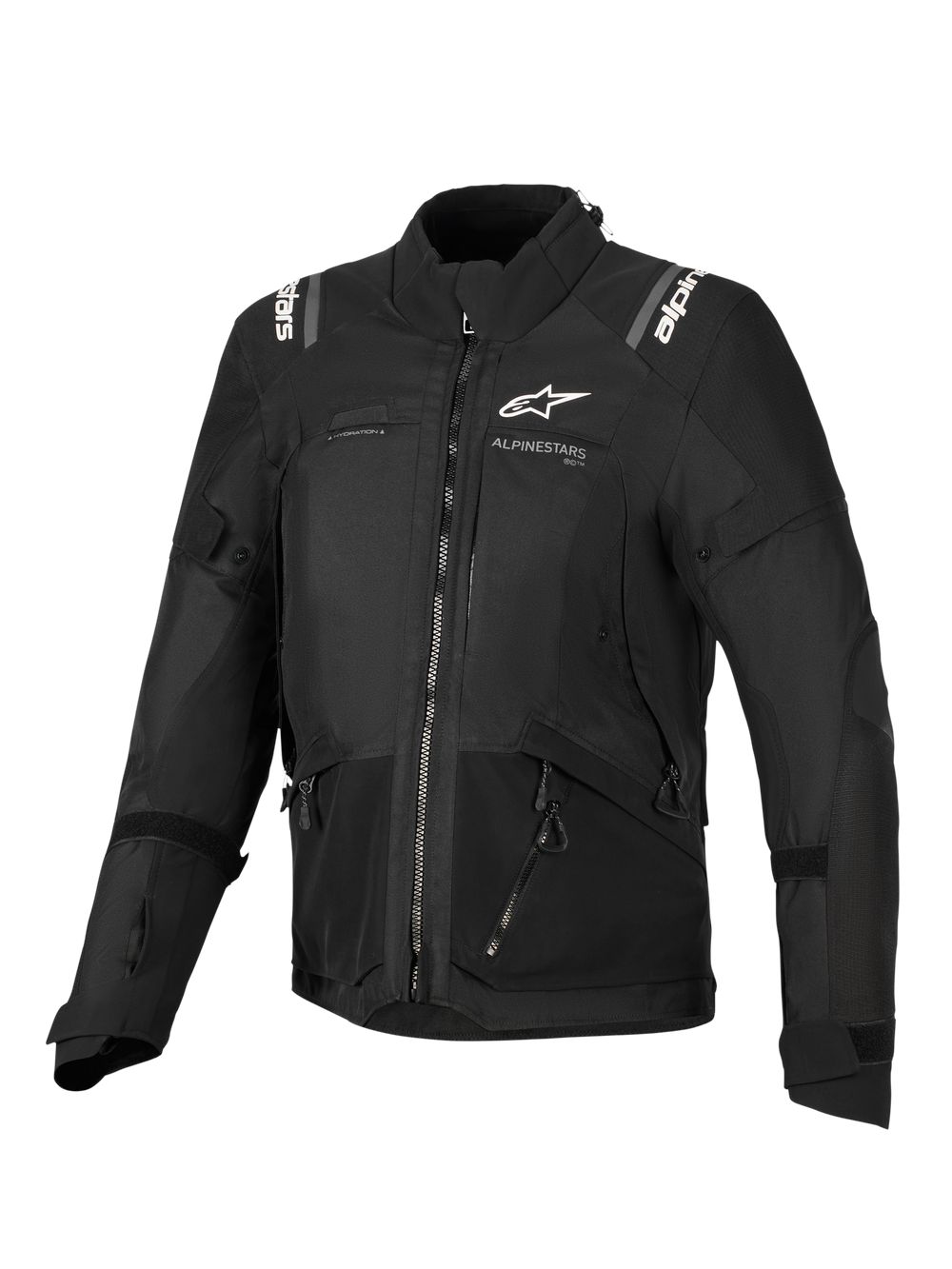Alpinestars Stella Andes V4 Drystar® Jacket, Women's Motorcycle Jacket, Black, front view featuring white logos on the chest and shoulders, multi-panel textile design with zippers and reflective details, adventure-touring style