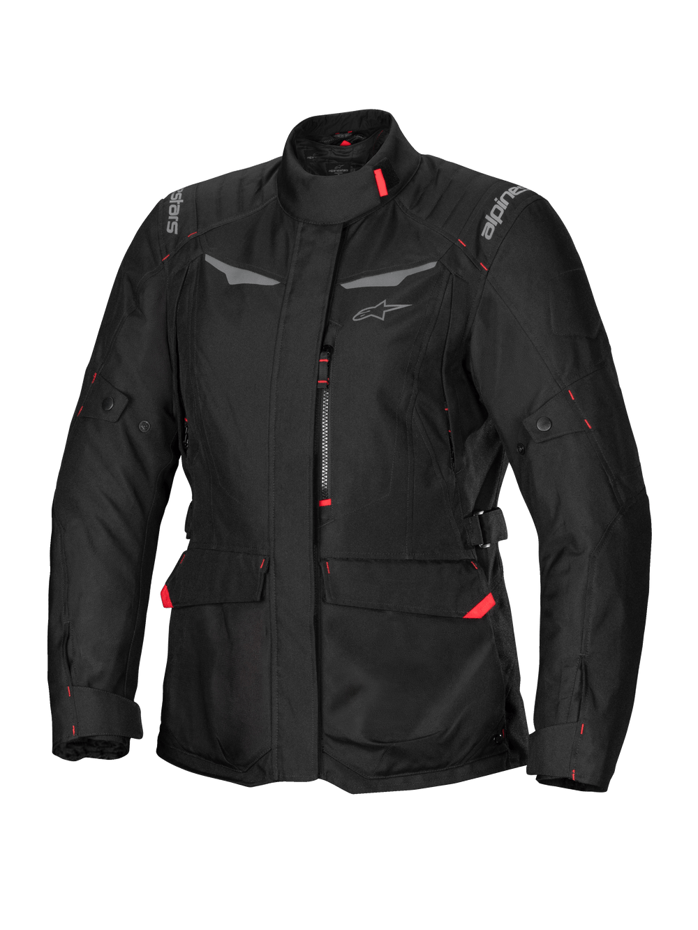 Alpinestars Stella ST-1 Waterproof Jacket, Women's Motorcycle Touring Jacket, Black with Red Accents, High Collar, Front Zipper, Large Waist Cargo Pockets, Adjustable Waist and Cuff Straps, Weather-Resistant Construction