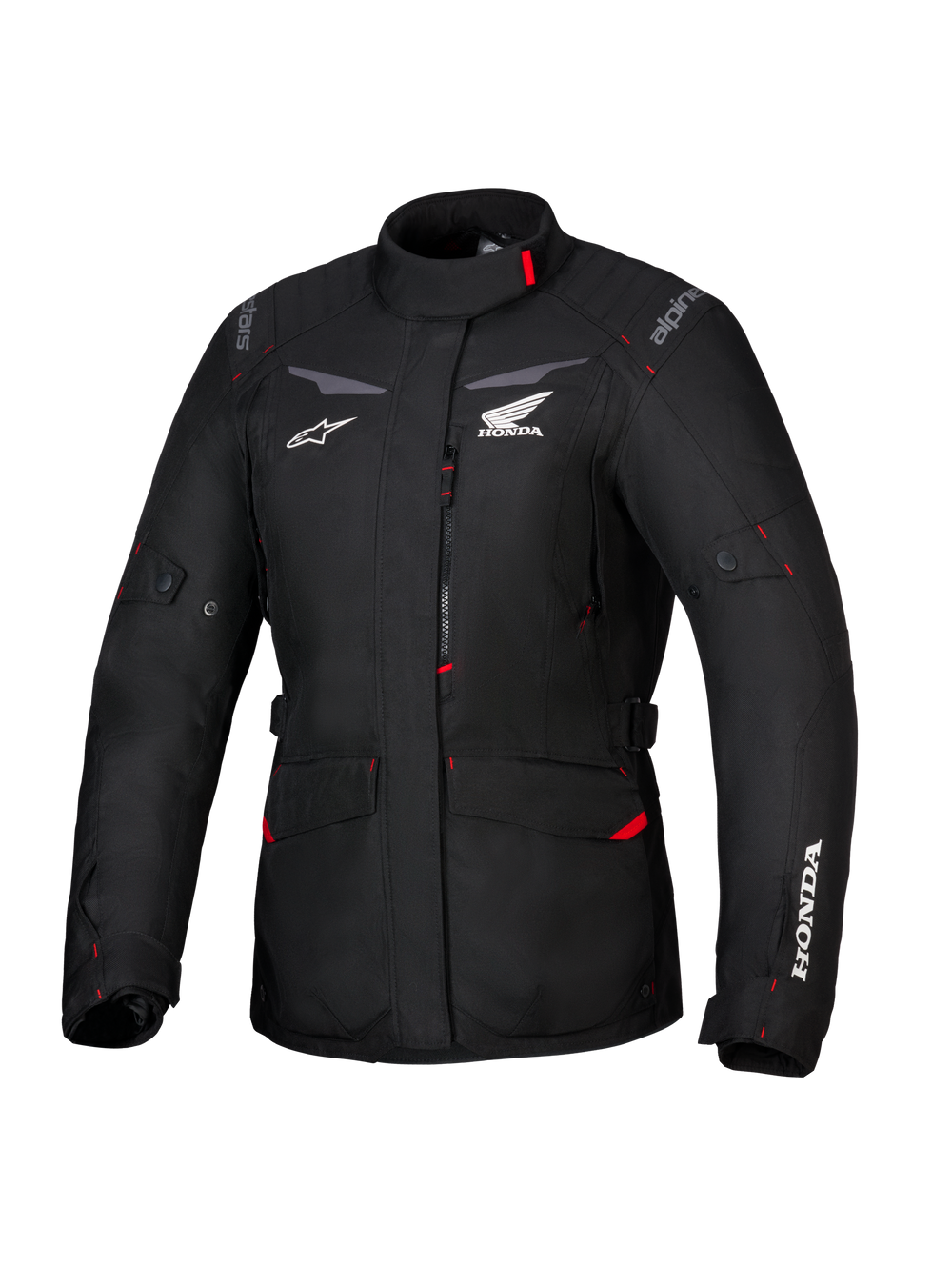 Honda Stella ST-1 WP Jacket, Women's Waterproof Touring Jacket, Black with red accents and white Honda logos, high collar, front zipper, expandable cargo pockets, durable textile adventure gear