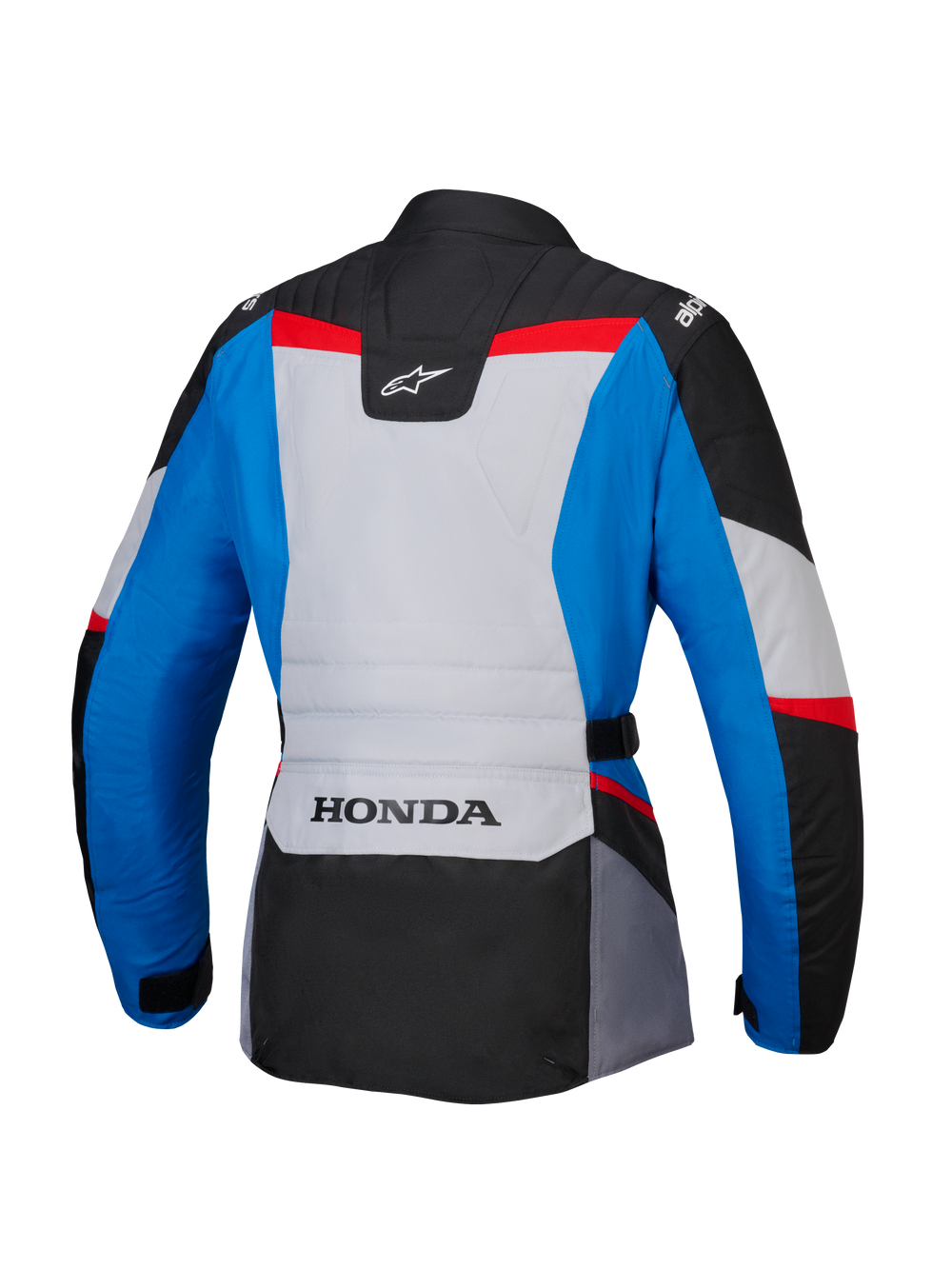 Alpinestars Honda Woman Stella ST-1 WP Jacket, back view, adventure touring motorcycle jacket in blue, ice gray, and black with red accents, featuring HONDA branding on the lower back and Alpinestars logos on the shoulders and upper back.