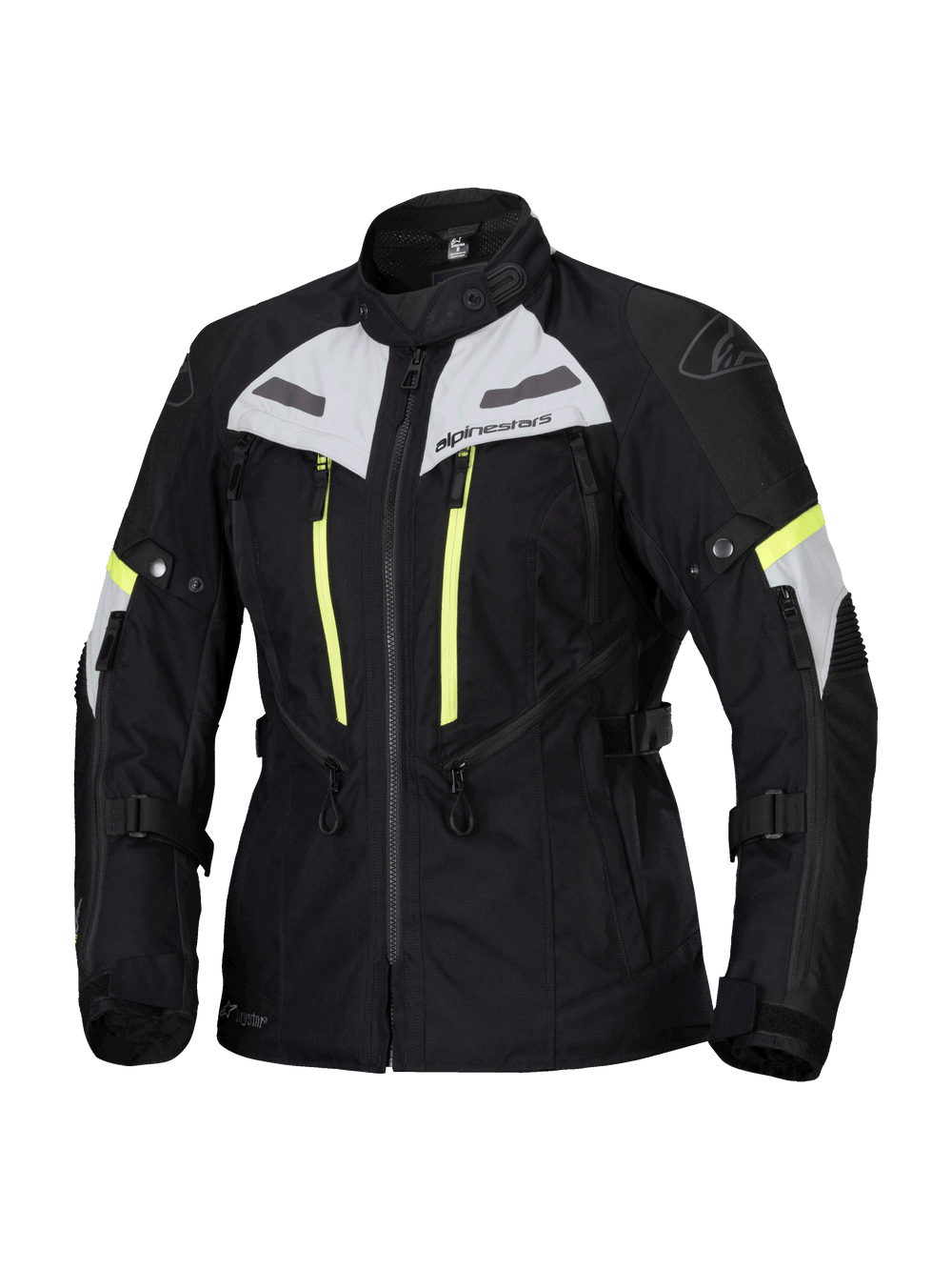 Alpinestars Stella Bogota Pro Drystar Jacket, Women's Motorcycle Touring Jacket, Black with Ice Gray and Yellow Fluo accents, waterproof and breathable textile construction, featuring extensive ventilation zippers and adjustable straps for adventure riding