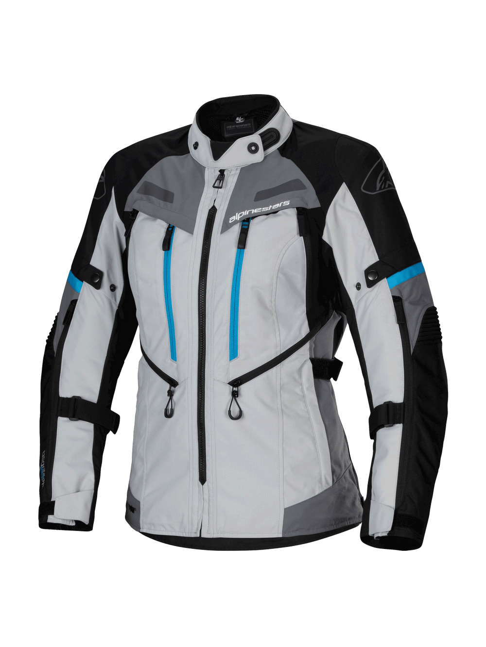 Alpinestars Stella Bogota' Pro Drystar® Jacket, Women's Adventure Touring Jacket, Ice Gray Black and Cyan, featuring waterproof Drystar® membrane, dual vertical blue chest zippers, adjustable arm and waist straps, and reinforced protective panels