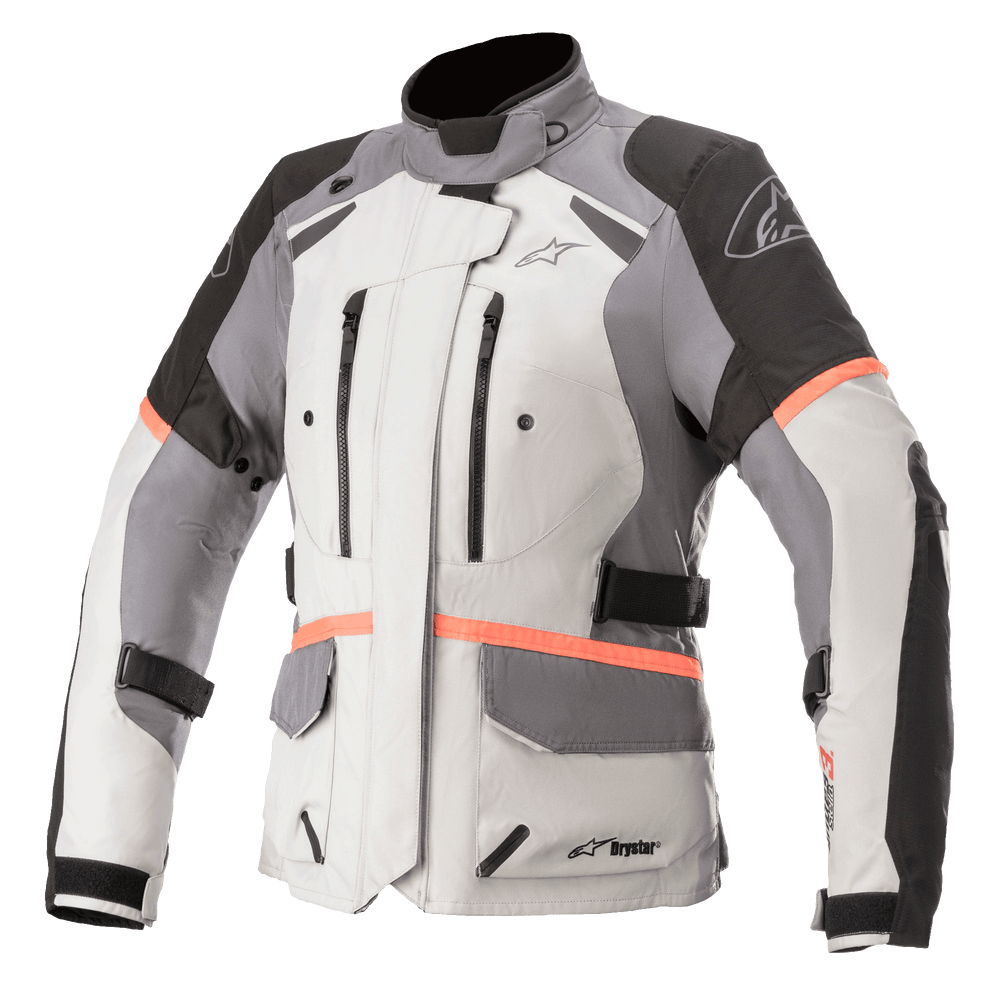 Alpinestars Women Stella Andes V3 Drystar Jacket, Motorcycle Touring Jacket, Ice Gray with Dark Gray and Black panels, bright Coral accents, featuring zippered chest vents, large flap pockets, and adjustable waist straps, technical textile construction for all-weather adventure riding