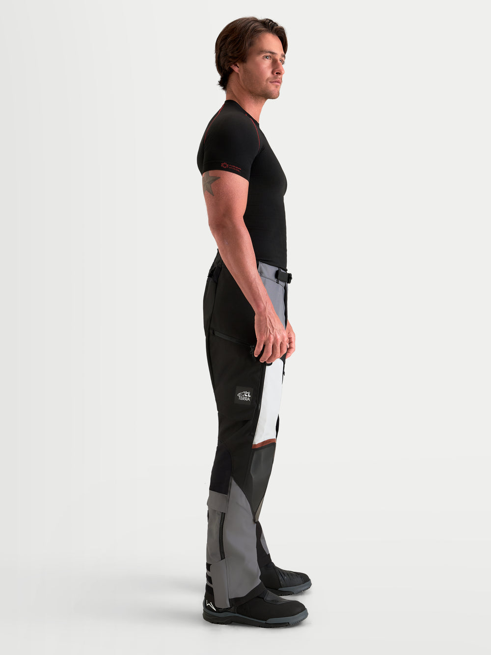 Alpinestars Harok V2 Drystar Pants, Men's Adventure Motorcycle Pants, Dark Gray, Ice Gray and Black, CE certified with waterproof ripstop construction and direct ventilation, worn by a model