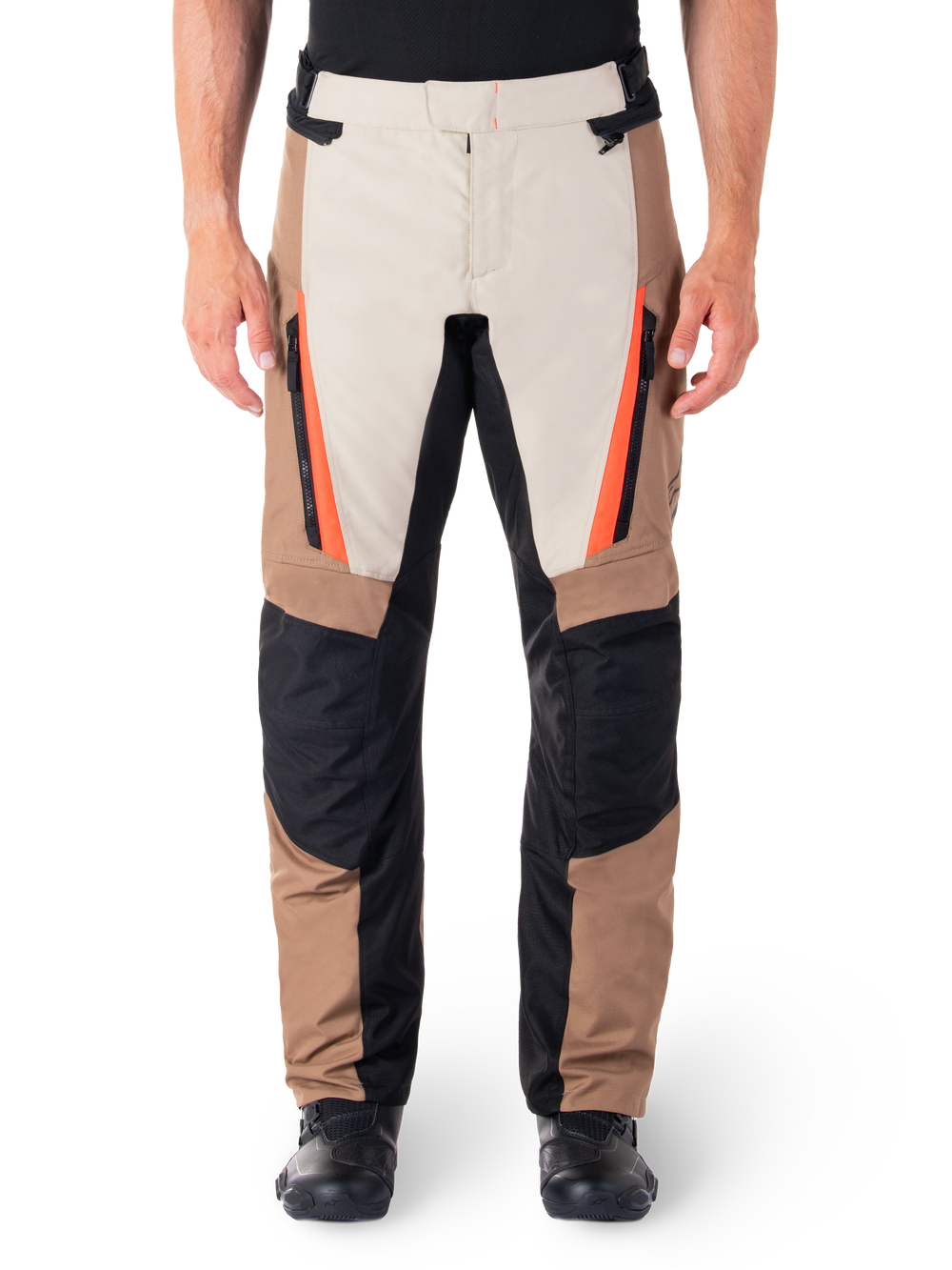 Alpinestars ST-1 Waterproof Pants, Motorcycle Touring Pants, Sand and Dark Khaki with Black panels and Red Fluo orange accents, featuring zippered front pockets and reinforced knees, textile adventure gear for all-weather riding