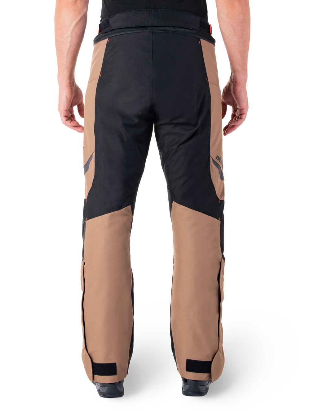 Alpinestars St-1 Waterproof Pants, Motorcycle Touring Pants, Dark Khaki Sand and Black with Red Fluo accents, rear view, featuring a durable textile construction, ergonomic panels for mobility, and adjustable hook and loop ankle closures.