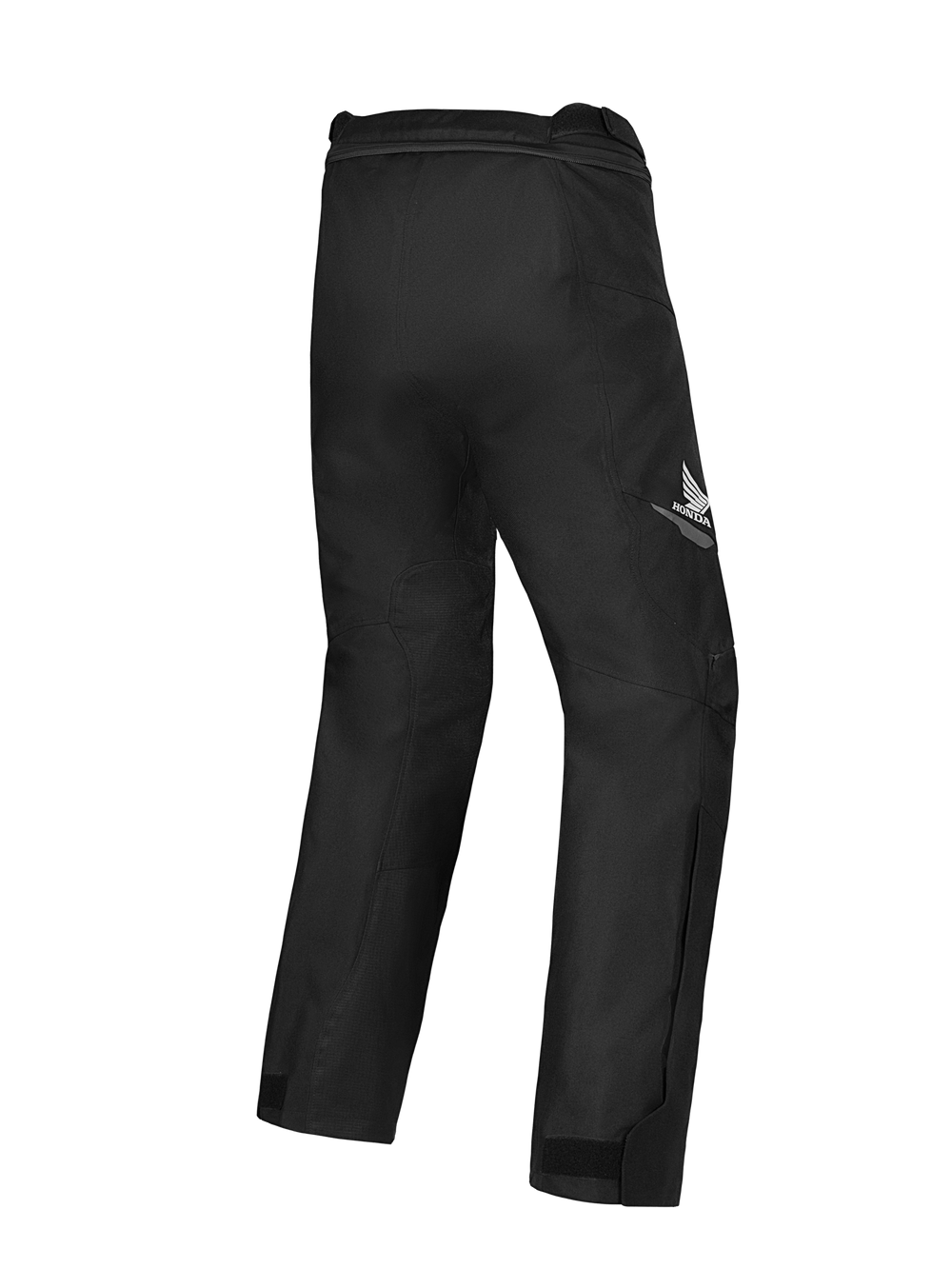 Alpinestars Honda ST-1 Waterproof Pants, Motorcycle Touring Pants, Black, back view showing Honda wing logo on the thigh, streamlined textile design with ergonomic mobility and waist connection zipper.