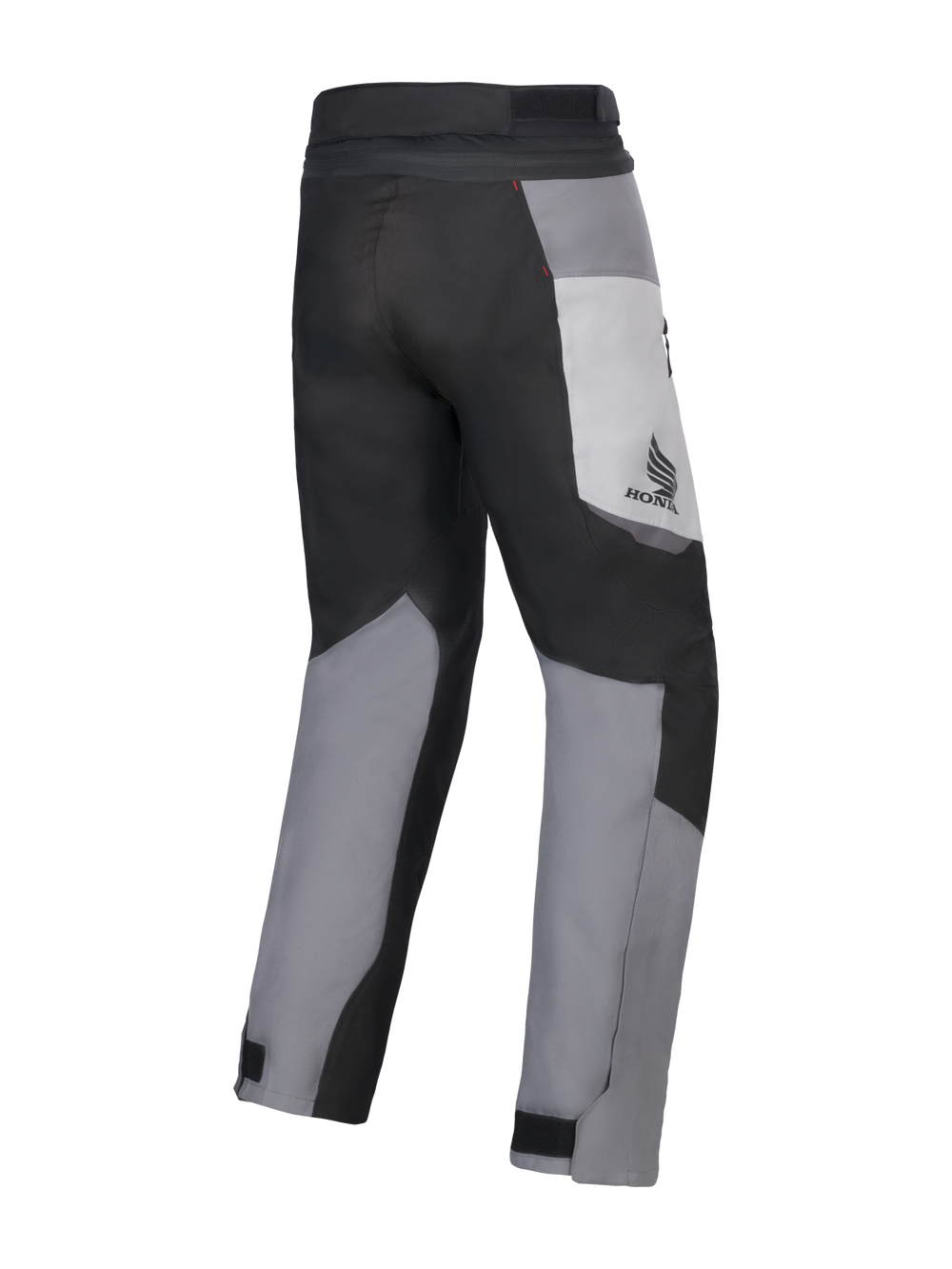 Alpinestars Honda St-1 Waterproof Pants, Motorcycle Touring Pants, Ice Gray, Dark Gray, and Black, rear view showing multi-panel textile design, Honda logo on the thigh, and adjustable ankle closures for all-weather riding.