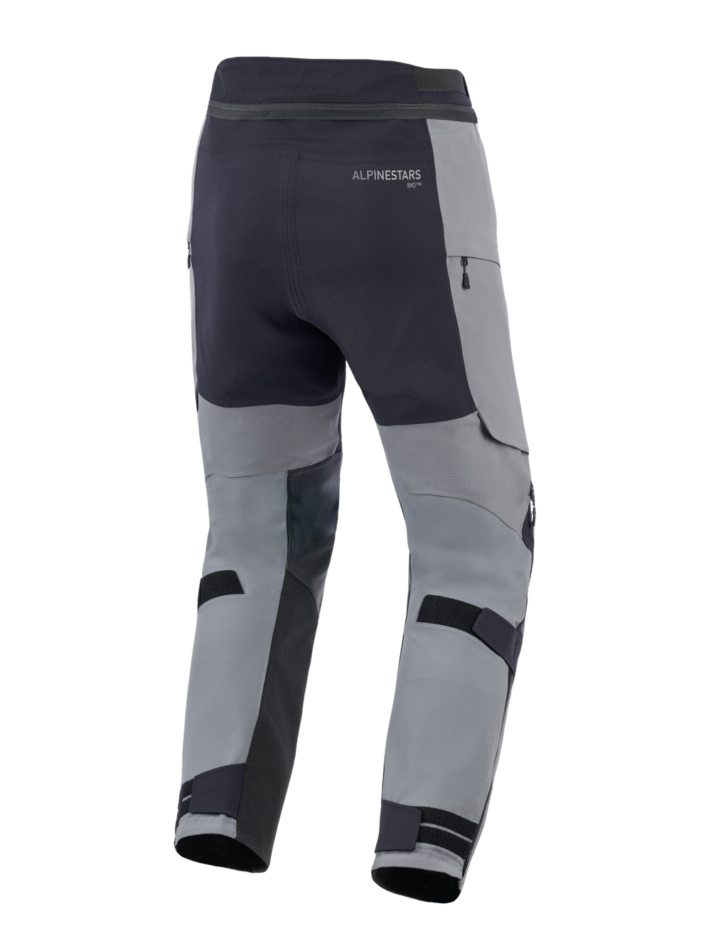 Alpinestars Andes Pro Drystar® XF Pants, Adventure Motorcycle Pants, Dark Gray and Black, rear view featuring adjustable calf straps, Alpinestars branding, and waterproof zippered details