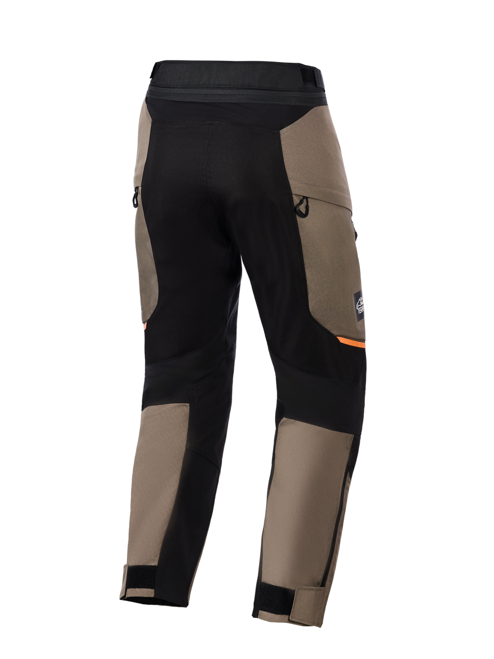 Alpinestars Cusco Drystar® Pants, Adventure Motorcycle Pants, Walnut Brown and Black, back view featuring black stretch panels, orange accents, zippered vents, and adjustable velcro cuffs for road riding.