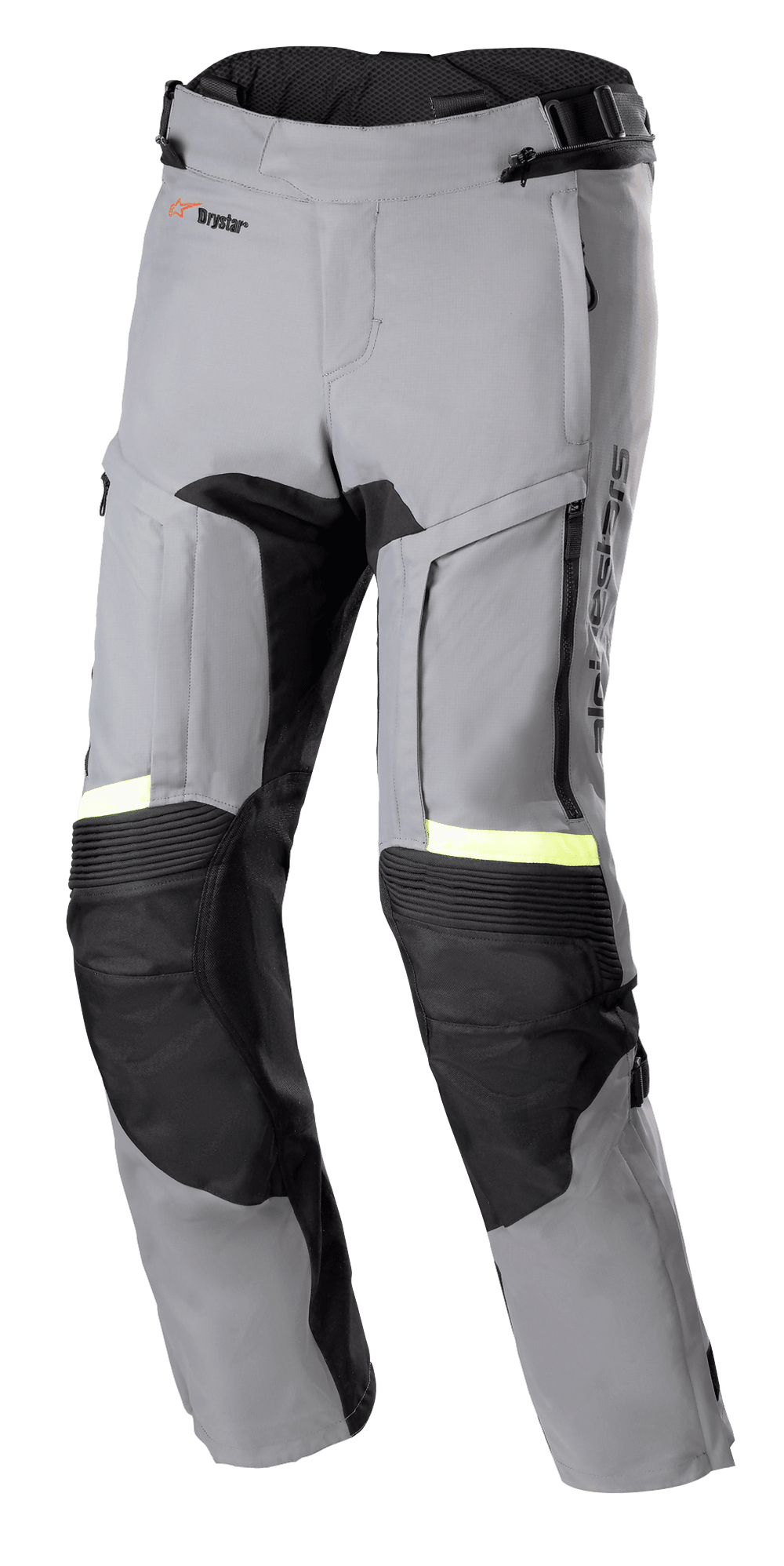 Alpinestars Bogota' Pro Drystar® 3 Seasons Pants, Dark Gray and Black Motorcycle Adventure Touring Pants, Neon Yellow Fluorescent Reflective Accents, featuring zippered thigh ventilation panels, accordian stretch knees, and reinforced protective panels.