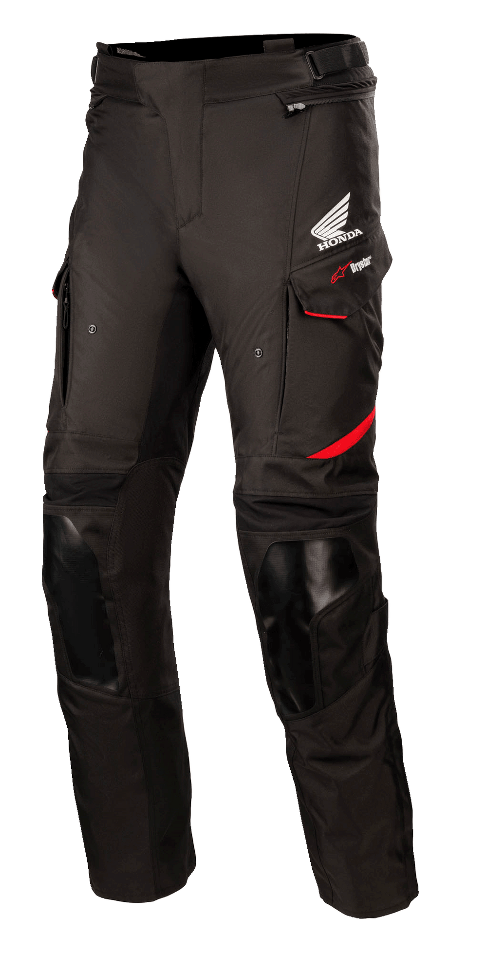Alpinestars Honda Andes V3 Drystar® Pants, Men's Black Waterproof Textile Motorcycle Touring Gear with red accents.