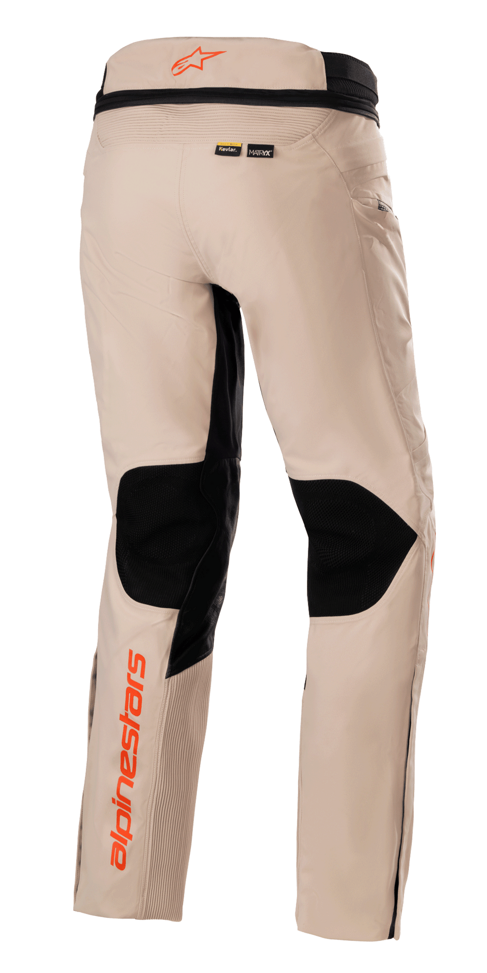 Alpinestars AMT-10R Drystar® XF Pants, Adventure Touring Pants, Pale Brown, rear view featuring large black mesh panels on the back of the knees, orange Alpinestars logos on the waistband and lower leg, and Kevlar and MATRYX material branding.