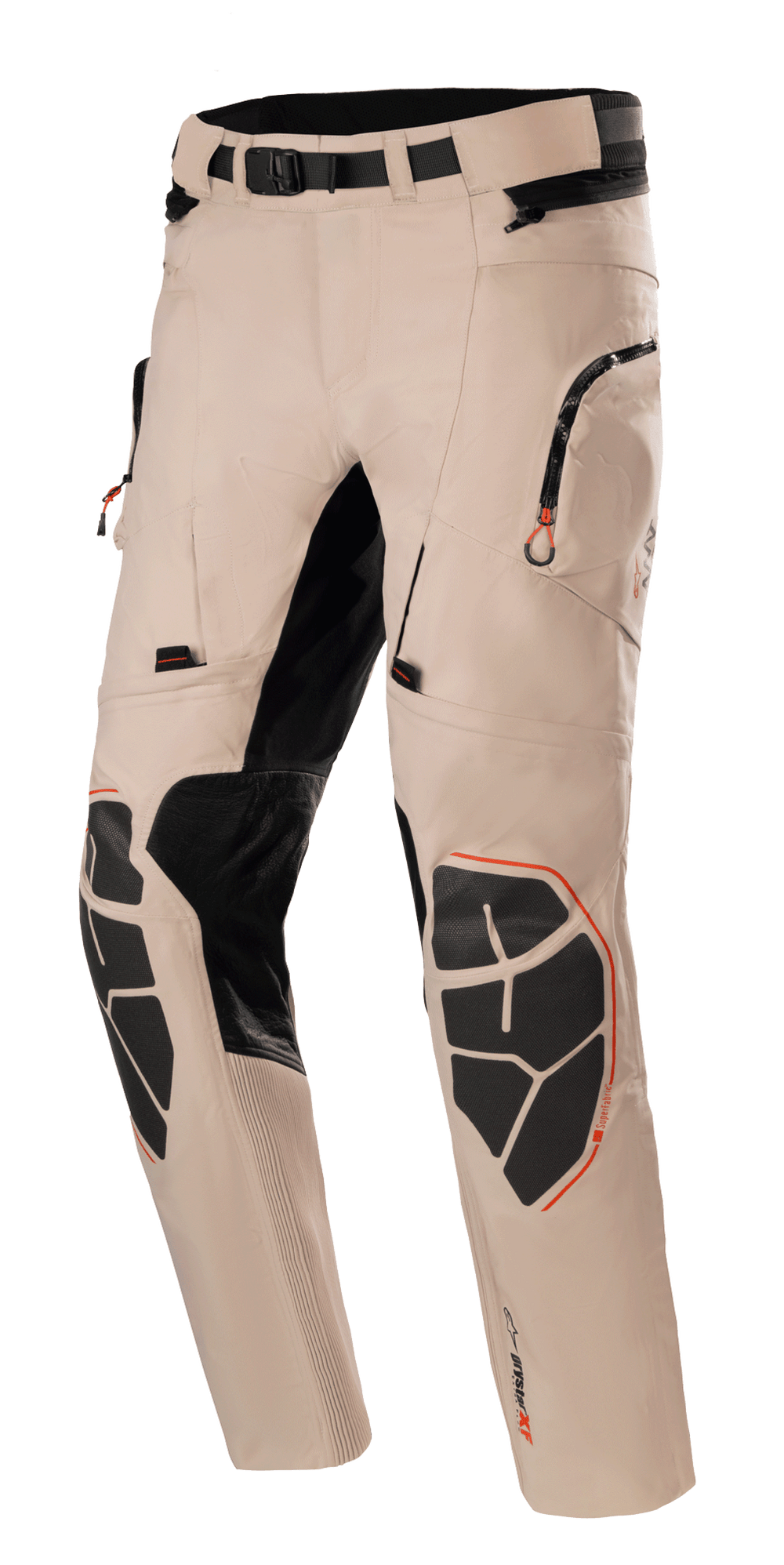 Alpinestars AMT-10R Drystar Xf Pants, Motorcycle Adventure Touring Pants, Pale Brown with black and orange accents, waterproof breathable construction, reinforced Superfabric knee pads, adjustable waist belt, zippered pockets, stretch panels for flexibility