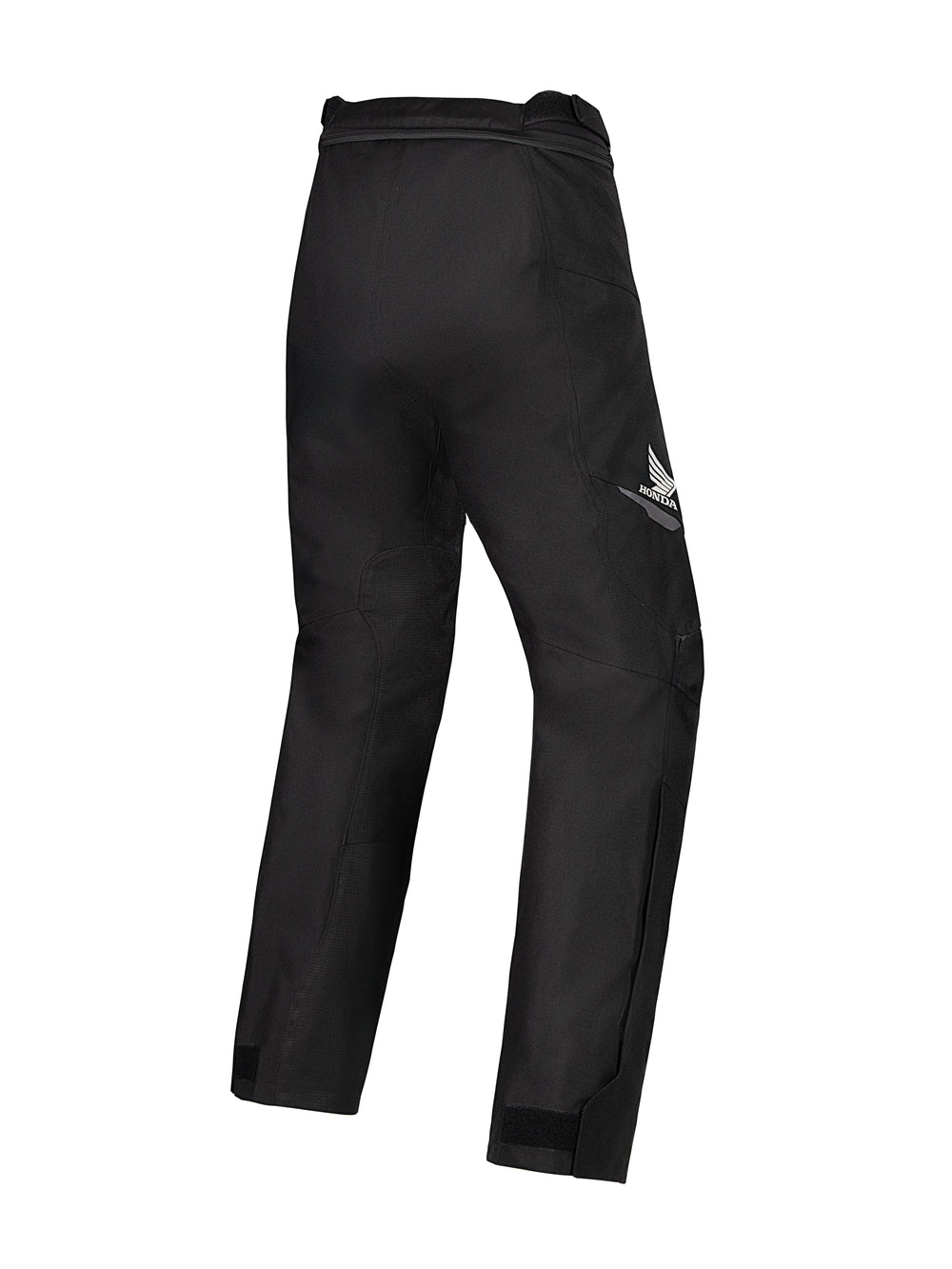 Alpinestars Honda Woman Stella St-1 Waterproof Pants, Black motorcycle pants, rear three-quarter view featuring the white Honda wing logo on the right thigh, durable textile construction with articulated knees and ankle adjusters, designed for touring and adventure riding