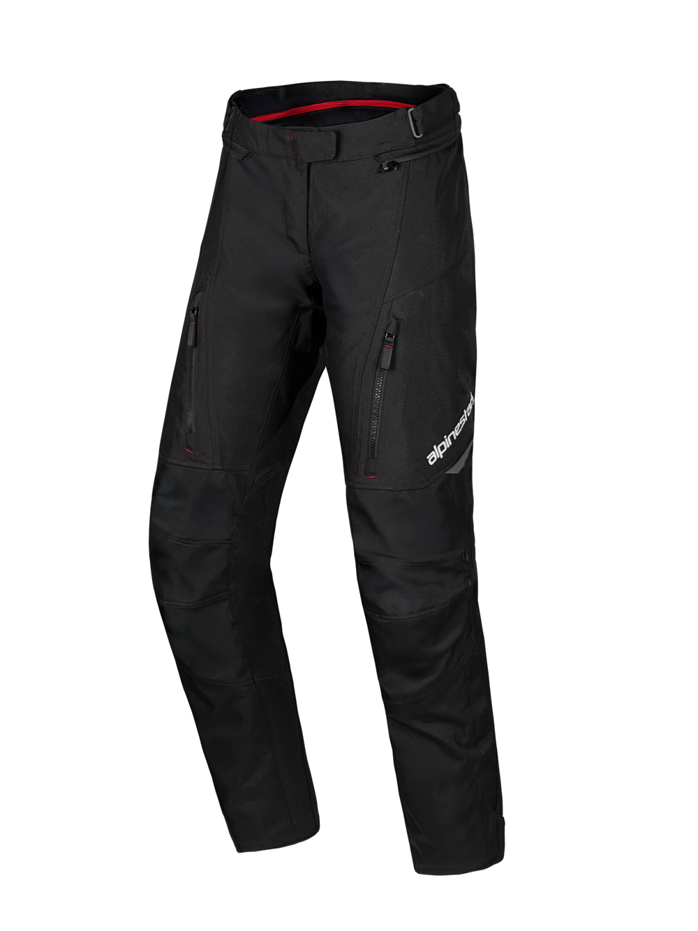 Alpinestars Honda Stella ST-1 Waterproof Pants, Black Women's Motorcycle Touring Pants, Red Interior Waistband Lining, Two Vertical Zippered Thigh Pockets, Alpinestars Logo on Leg, Durable Textile Adventure Gear