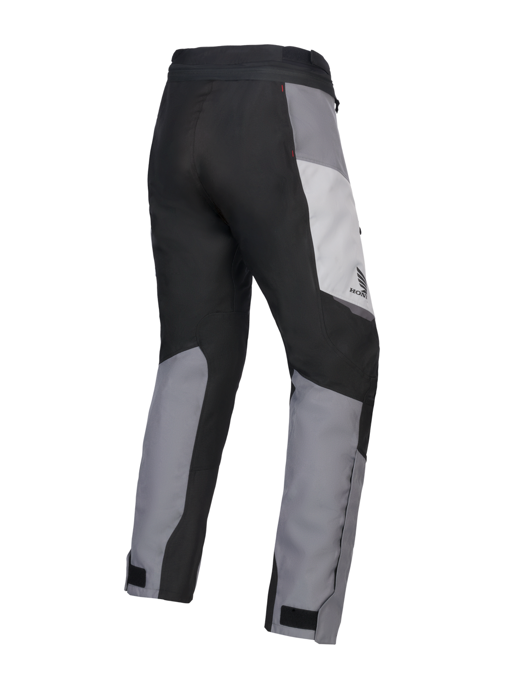 Alpinestars 2025 Honda Woman Stella ST-1 Waterproof Pants, Women's Motorcycle Touring Pants, Ice Gray Dark Gray and Black, rear three-quarter view showing durable textile construction, gray and black color-blocked panels, Honda branding on the hip, and adjustable ankle closures.