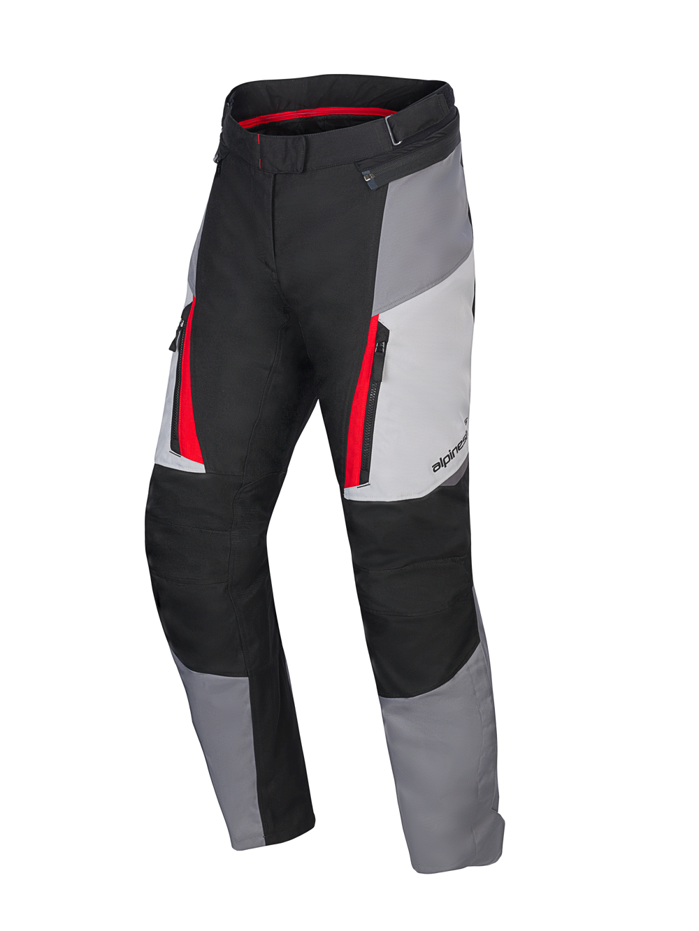 Alpinestars Honda Woman Stella ST-1 Waterproof Pants, Women's Motorcycle Touring Pants, Ice Gray, Dark Gray, and Black with Red accents, featuring zippered cargo pockets, ergonomic textile construction, and adjustable waist.