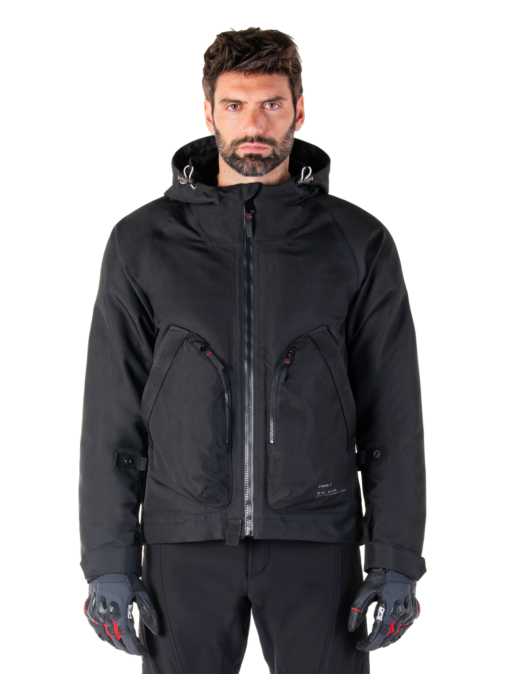 Alpinestars Morush Waterproof Parka, black men's urban motorcycle jacket with a hood and large zippered pockets.