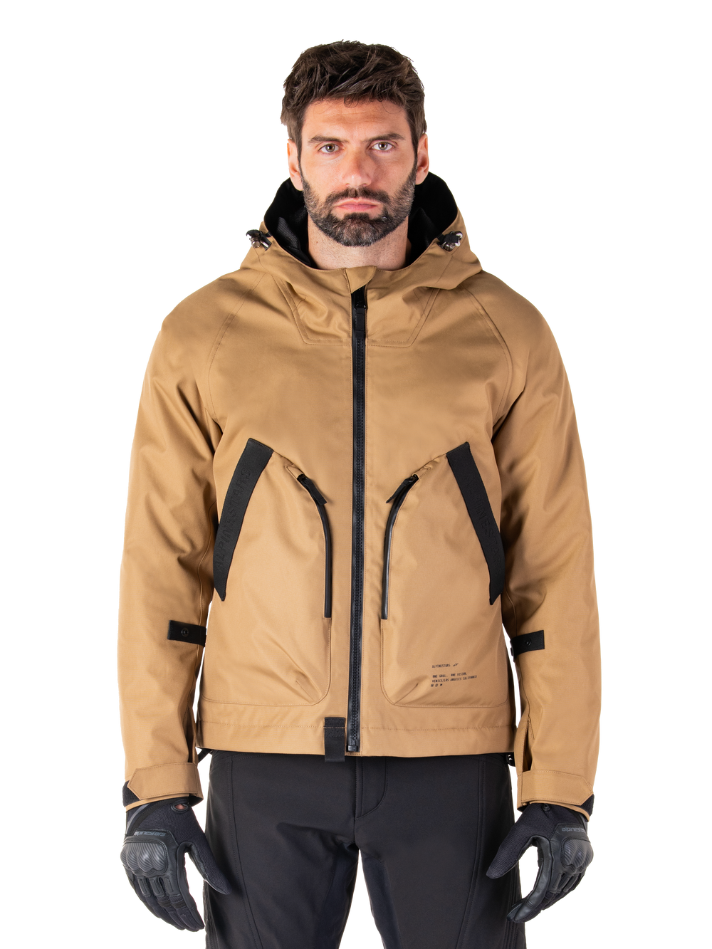 Alpinestars Morush Waterproof Parka, Utility Brown and Black Hooded Motorcycle Jacket, Urban Riding Gear, Front View with Black Zipper and Large Angled Pockets