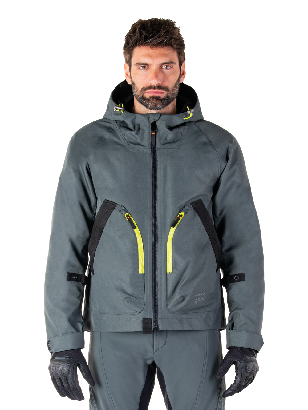 Alpinestars Morush Waterproof Parka, urban gray motorcycle jacket, vibrant yellow zippers and black accents, hooded design with large front pockets, technical streetwear-inspired styling