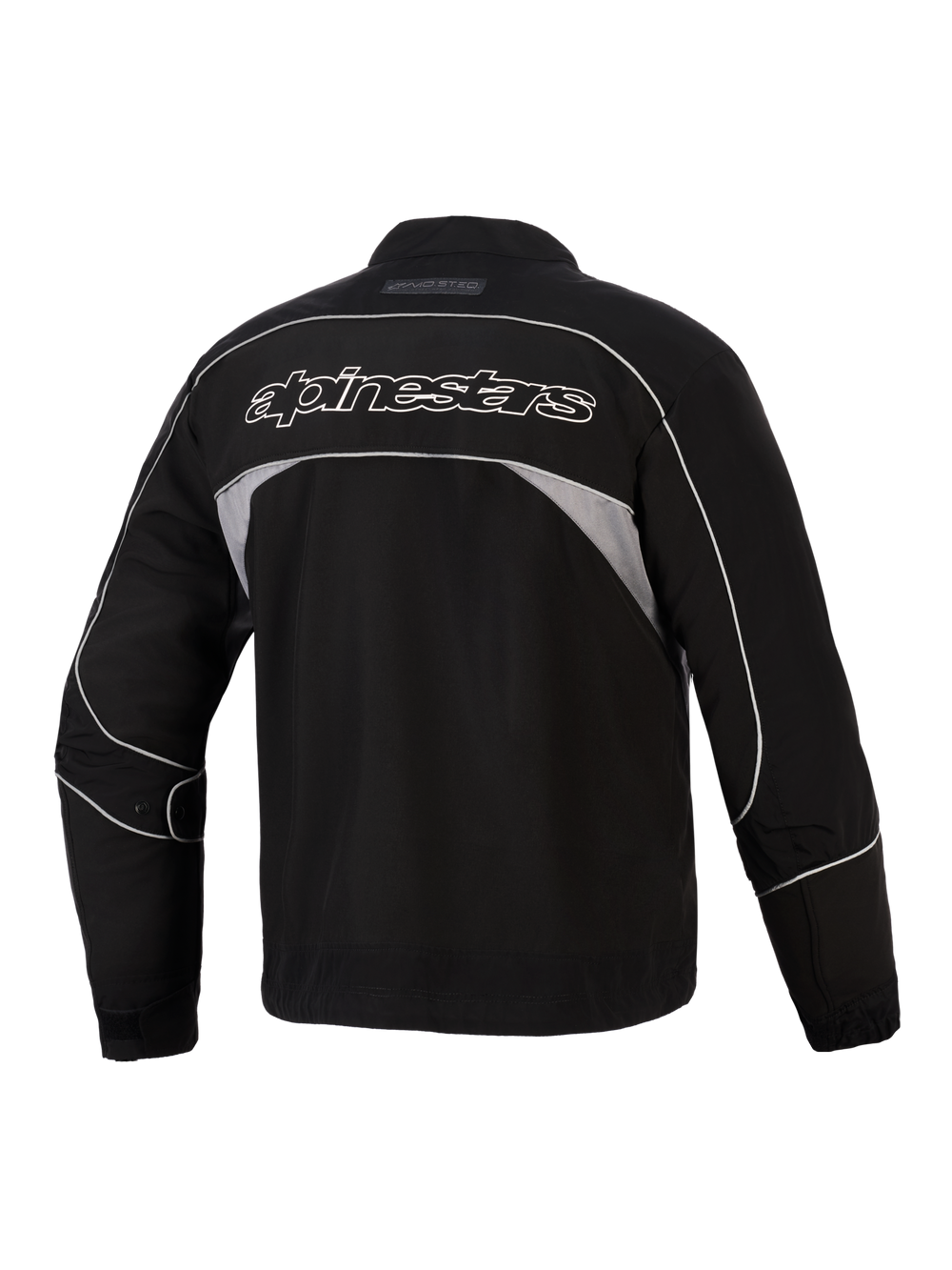 Alpinestars Unite Jacket, Rear View, Black with Dark Gray Reflective Panels, White Outlined Alpinestars Branding Across the Back, Urban Motorcycle Softshell Jacket with Minimalist Design