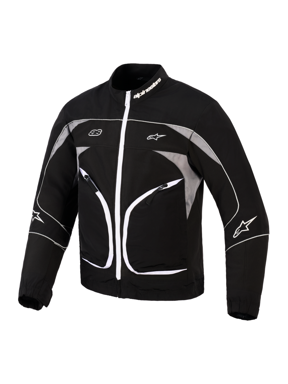 Alpinestars Unite Jacket, Motorcycle Jacket, Black and Dark Gray, featuring a white front zipper, reflective gray panels, and white piping details, Alpinestars branding on the collar and sleeves, minimalist urban design