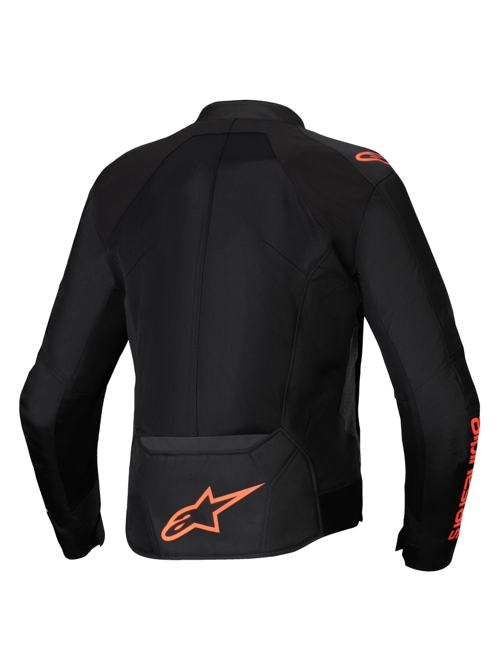 Alpinestars Viper Air V4 Jacket in Black and Red Fluo, back view featuring large tech mesh panels for airflow.