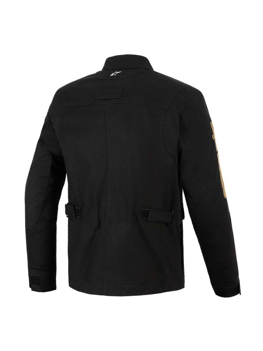Alpinestars Dice Jacket, Black urban motorcycle jacket, back view showing waist adjustment straps and pleated shoulders, vintage field jacket aesthetic with modern textile construction, featuring a small white logo on the collar and gold branding on the sleeve.