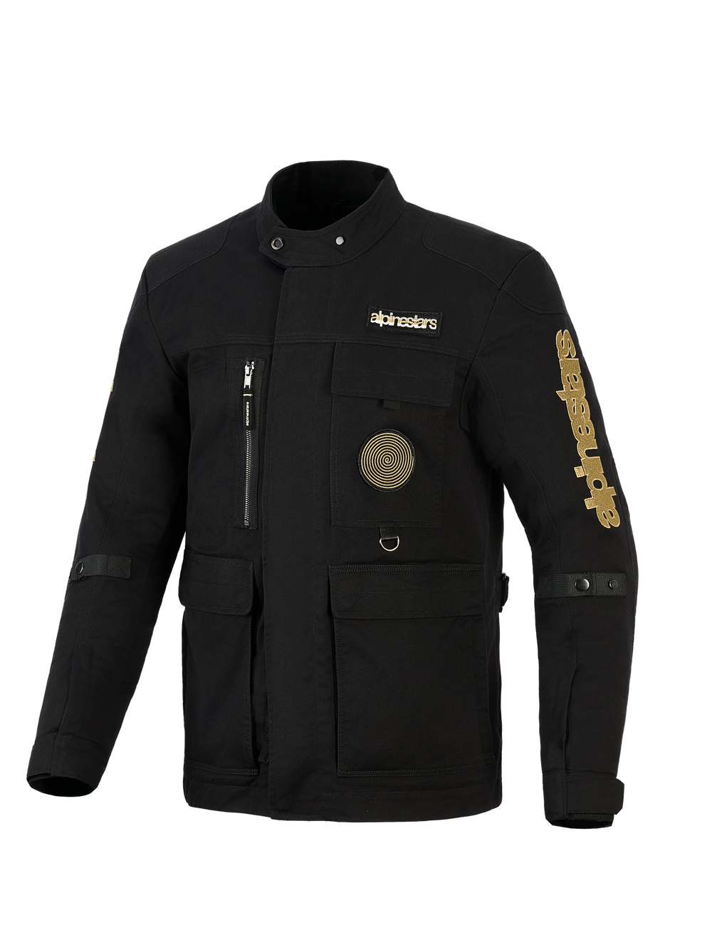Alpinestars Dice Jacket, Urban Motorcycle Field Jacket, Black with Gold branding, featuring multiple utility pockets, a spiral patch on the chest, and vintage-inspired field jacket styling in water-repellent textile.