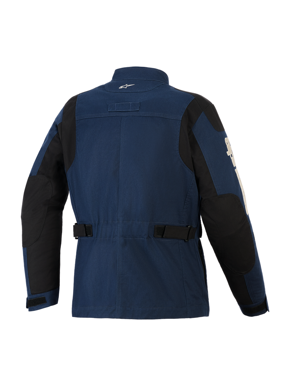 Alpinestars Dice Jacket, Urban Motorcycle Jacket, Dark Blue and Black, back view showing field jacket styling, adjustable waist straps, black shoulder and elbow reinforcement panels, and a small white logo on the collar.