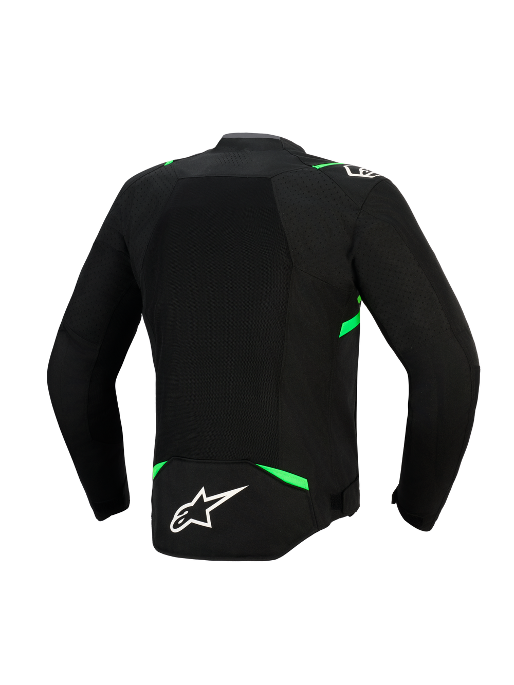 Alpinestars T-SPS Air V2 Jacket, Back View, Black and Fluo Green, featuring a large tech mesh panel for maximum airflow, fluorescent green accents on shoulders and waist, and a white Alpinestars logo on the lower back.