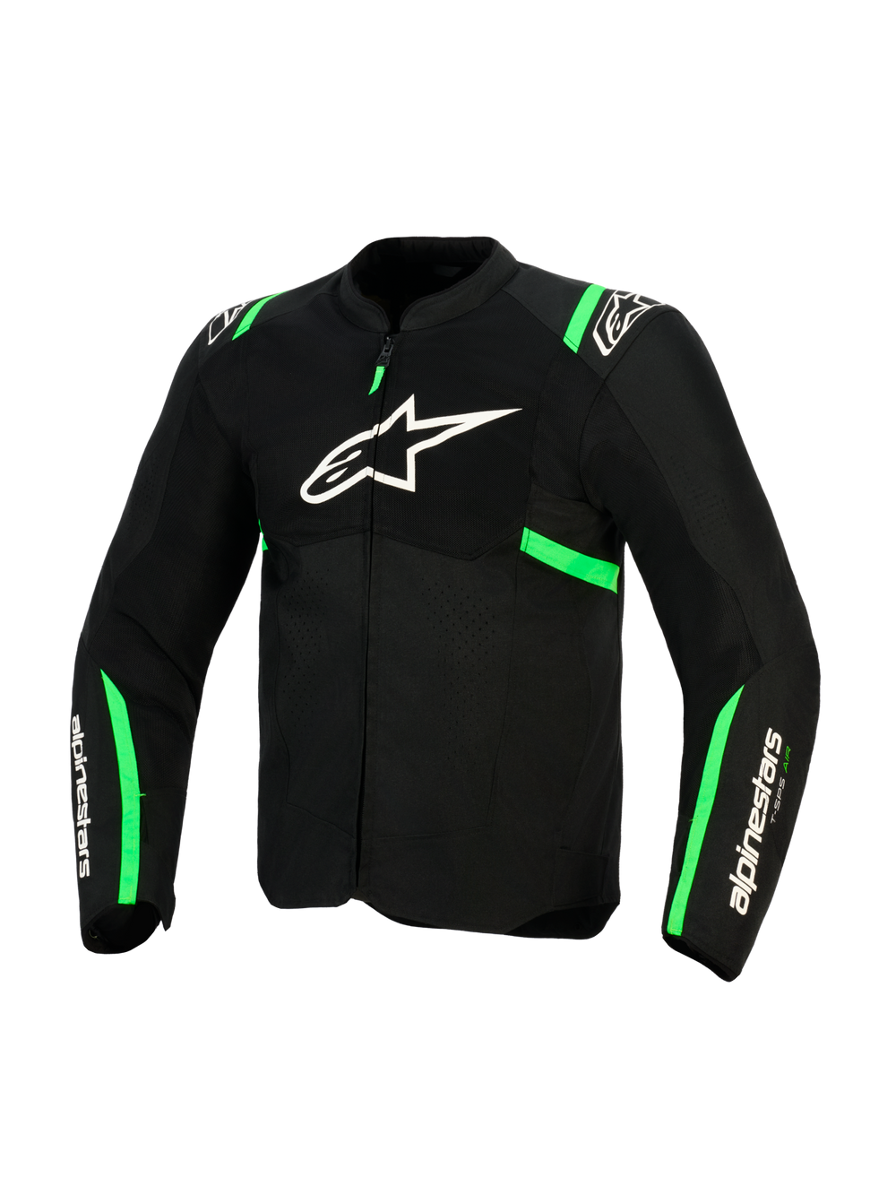 Alpinestars T-SPS Air V2 Jacket, Black and Fluo Green, front view featuring white Alpinestars logo on chest, tech mesh panels for ventilation, and green accents on shoulders and sleeves, sport motorcycle riding gear