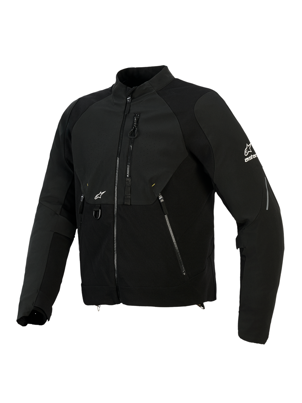 Alpinestars Provoke Jacket, Textile Motorcycle Jacket, Black, features ripstop softshell panels, laser-perforated chest zone, zippered pockets, white Alpinestars logo on sleeve and chest, urban contemporary riding gear
